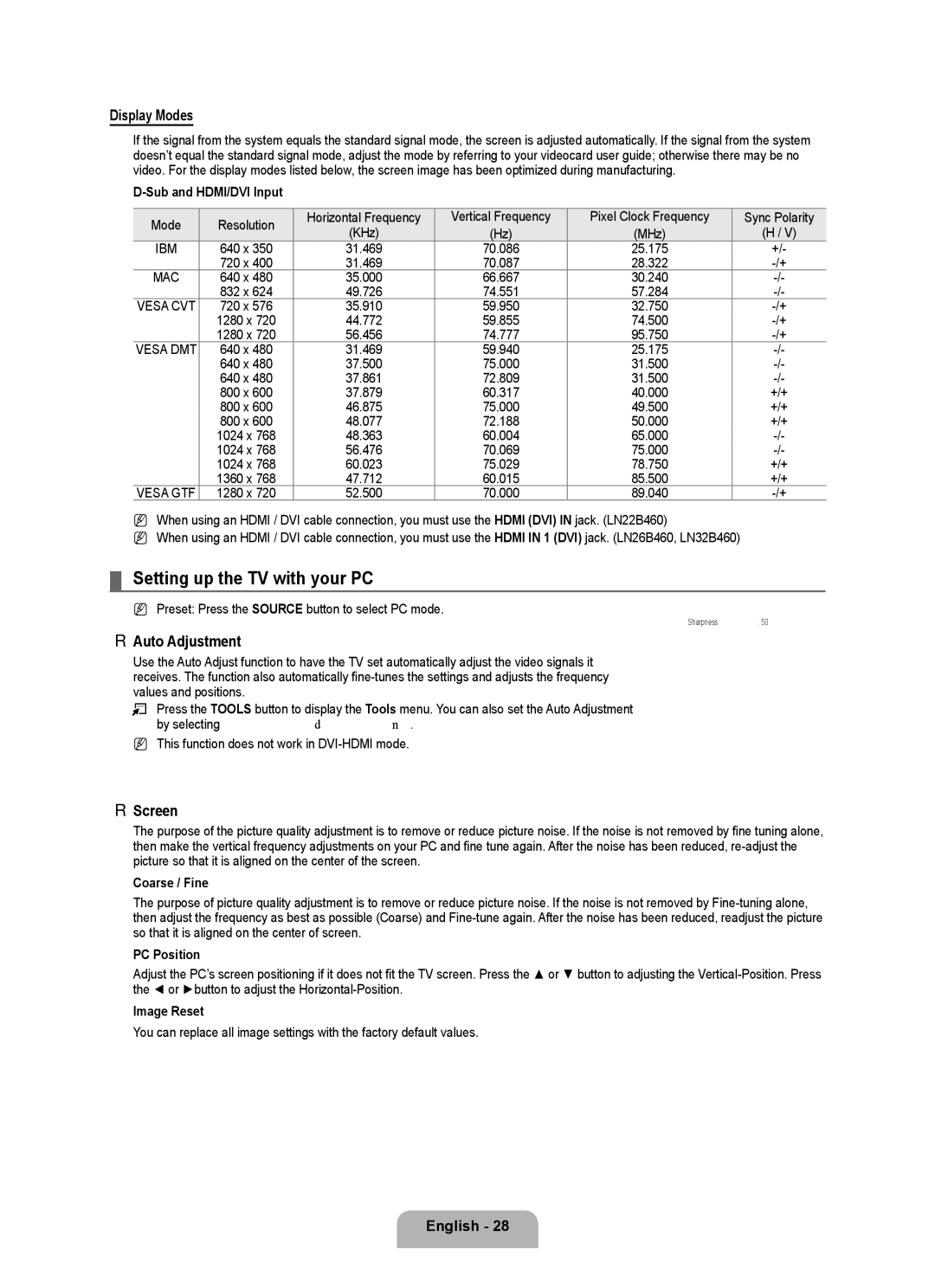 Samsung LN32B460, LN26B460, LN22B460 user manual Setting up the TV with your PC, Display Modes, Auto Adjustment, Screen 