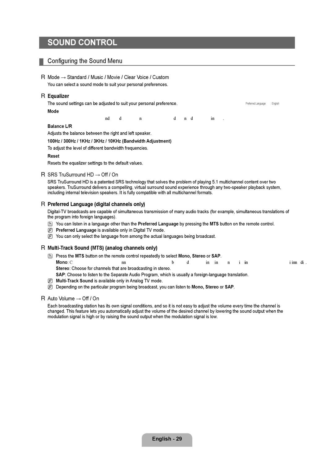 Samsung LN26B460, LN32B460, LN22B460 user manual Sound Control, Configuring the Sound Menu 