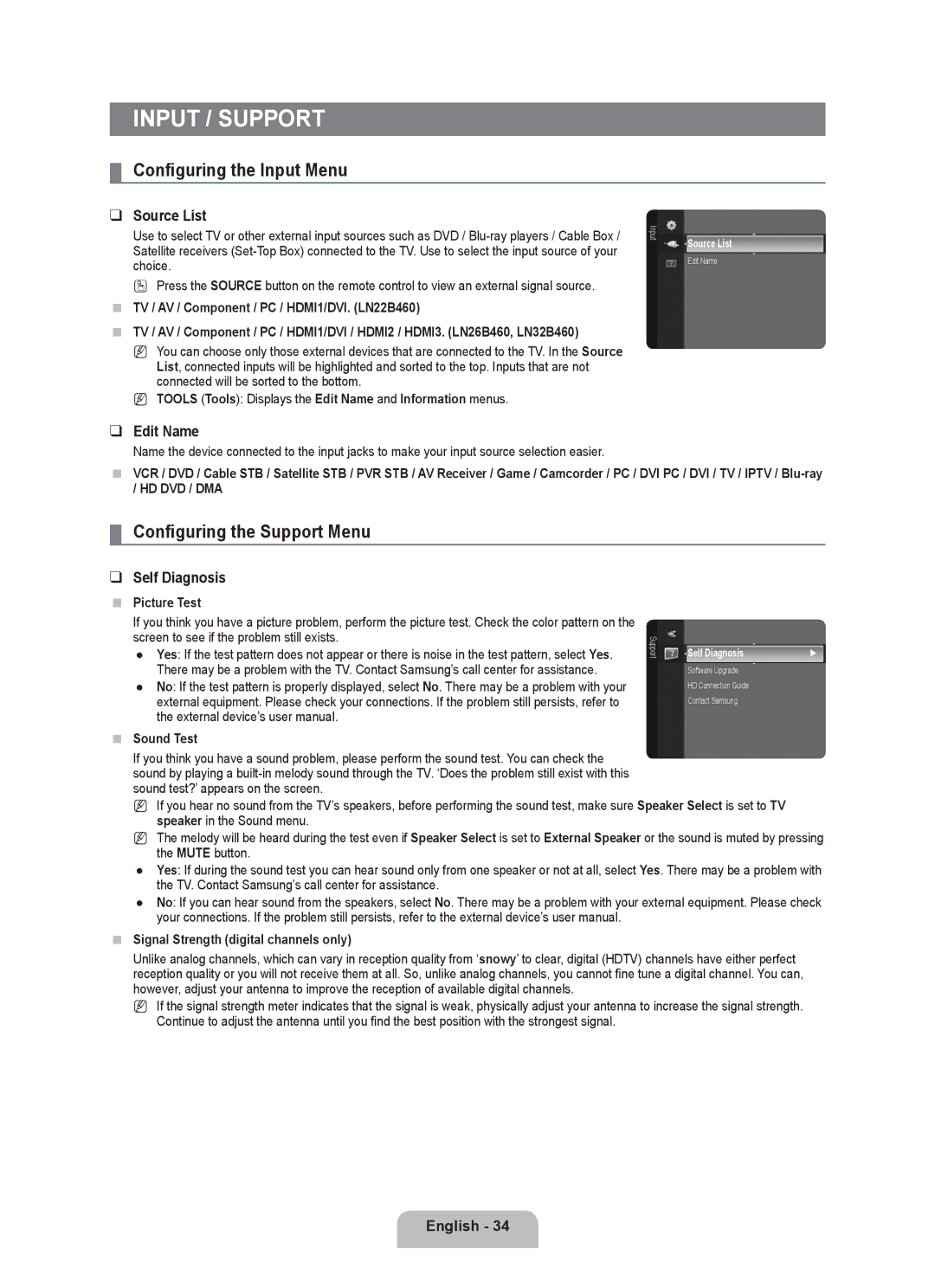 Samsung LN32B460, LN26B460, LN22B460 user manual Input / Support, Configuring the Input Menu, Configuring the Support Menu 