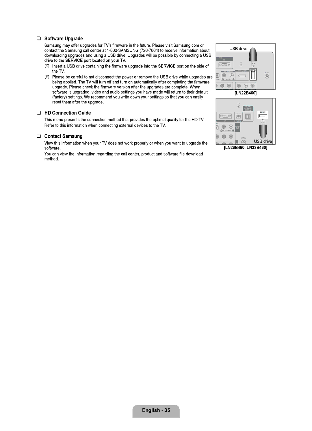 Samsung user manual Software Upgrade, HD Connection Guide, Contact Samsung, LN22B460, LN26B460, LN32B460 