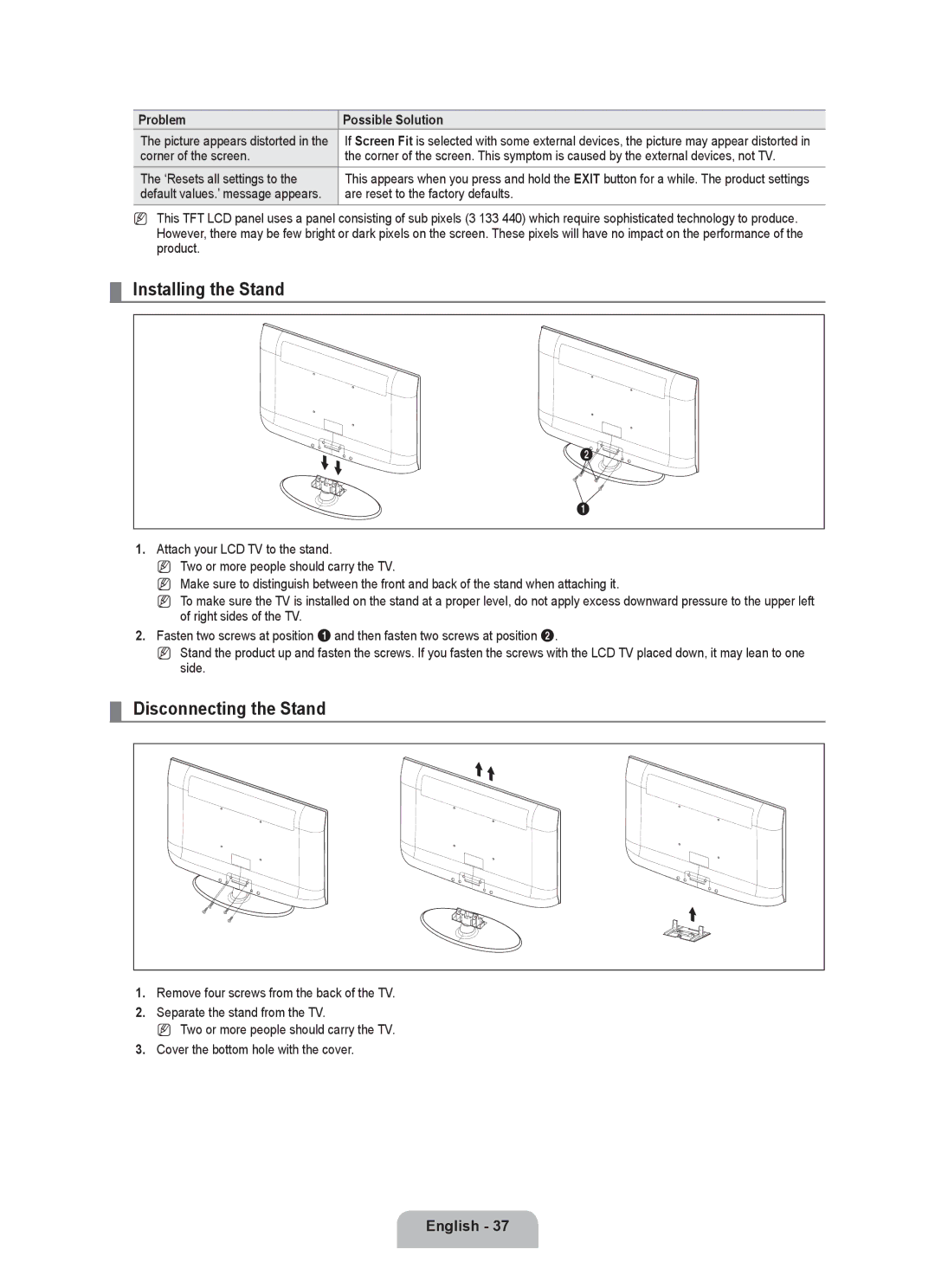 Samsung LN32B460, LN26B460 Installing the Stand, Disconnecting the Stand, Corner of the screen, ‘Resets all settings to 