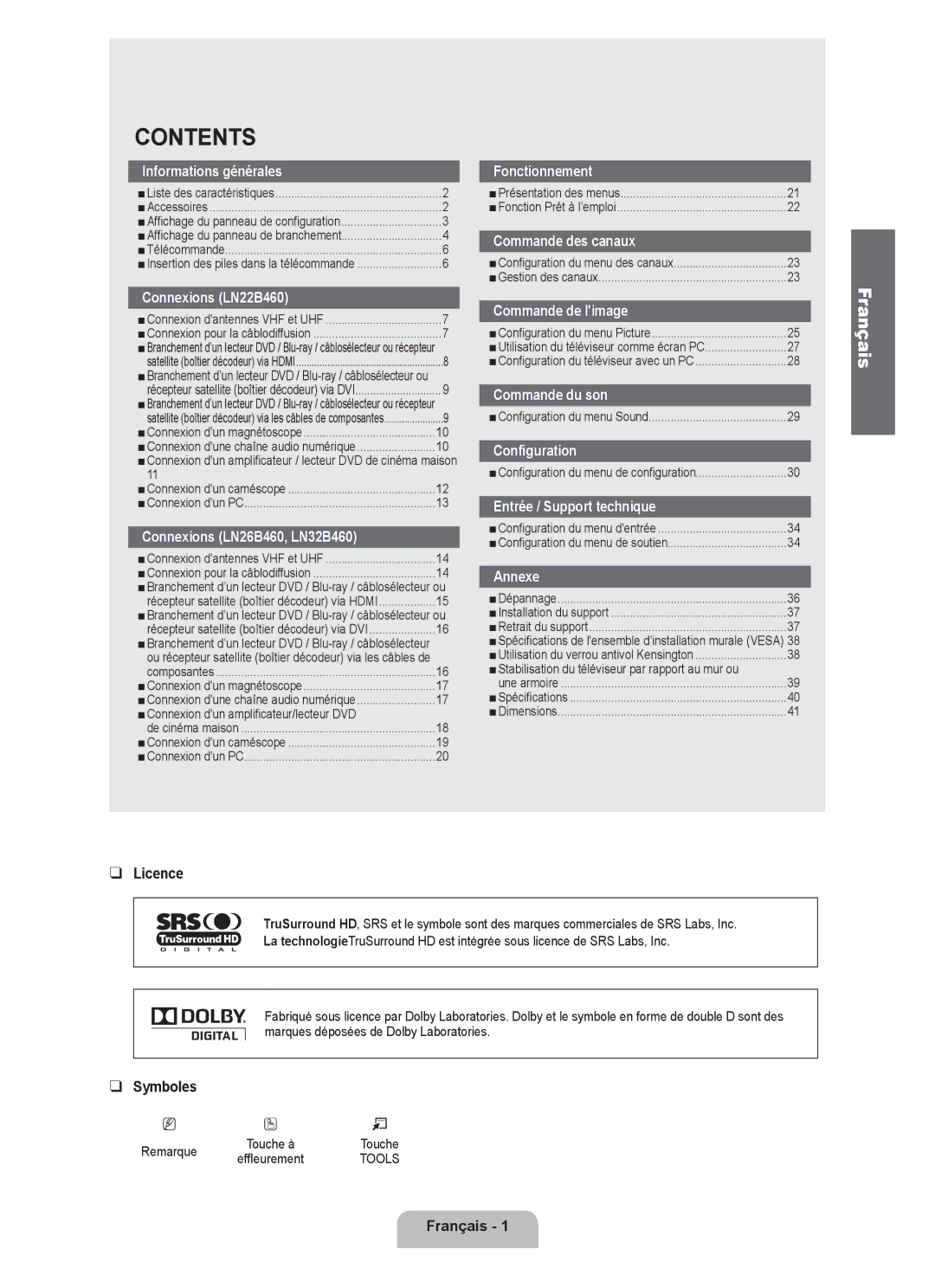 Samsung LN32B460, LN26B460, LN22B460 Licence, Symboles, Français, Stabilisation du téléviseur par rapport au mur ou 