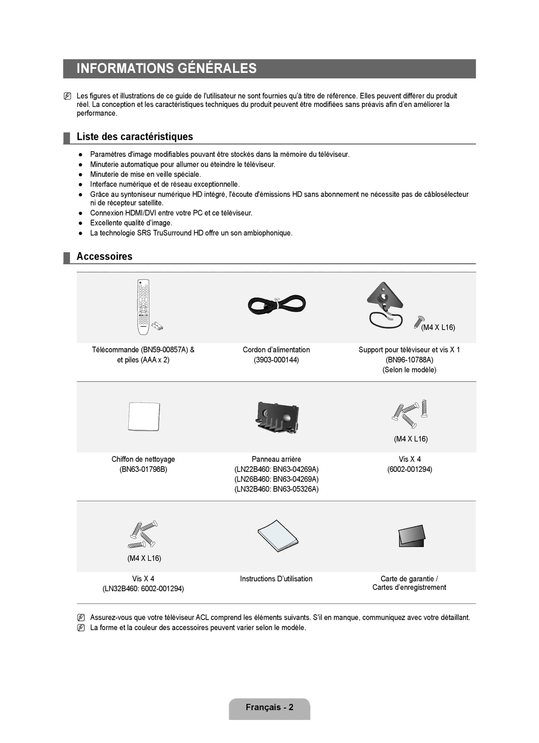 Samsung LN26B460, LN32B460, LN22B460 user manual Informations générales, Liste des caractéristiques, Accessoires 