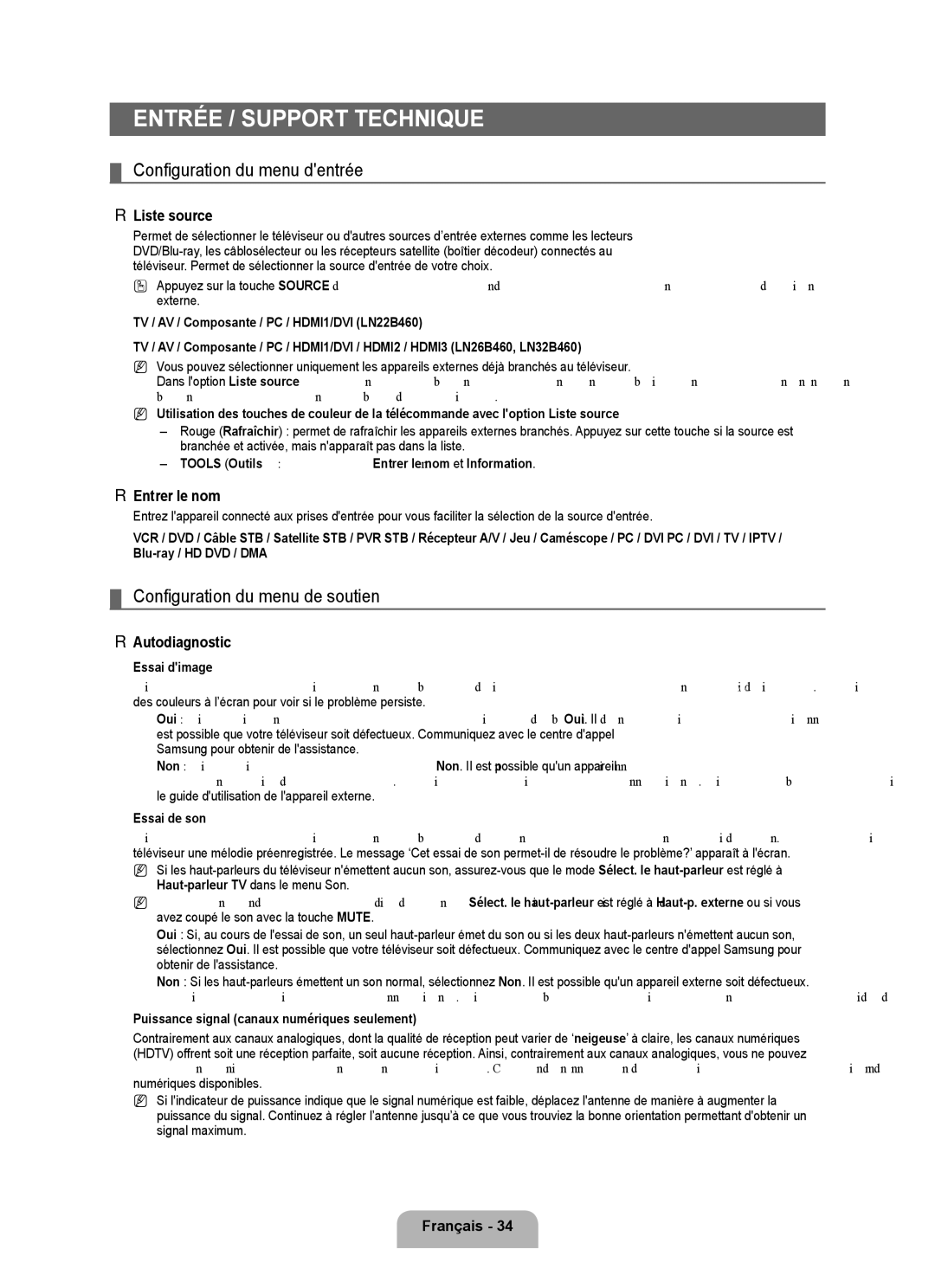 Samsung LN32B460, LN26B460 Entrée / Support technique, Configuration du menu dentrée, Configuration du menu de soutien 