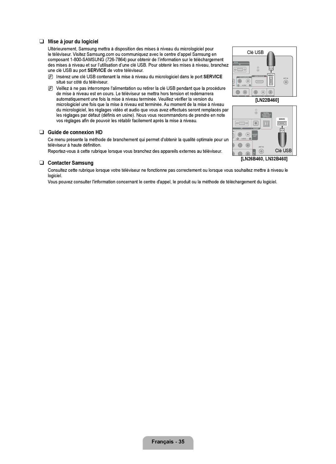 Samsung LN26B460, LN32B460, LN22B460 user manual Mise à jour du logiciel, Guide de connexion HD, Contacter Samsung, Clé USB 