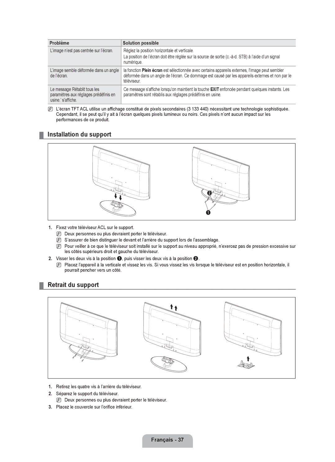 Samsung LN32B460, LN26B460, LN22B460 user manual Installation du support, Retrait du support 