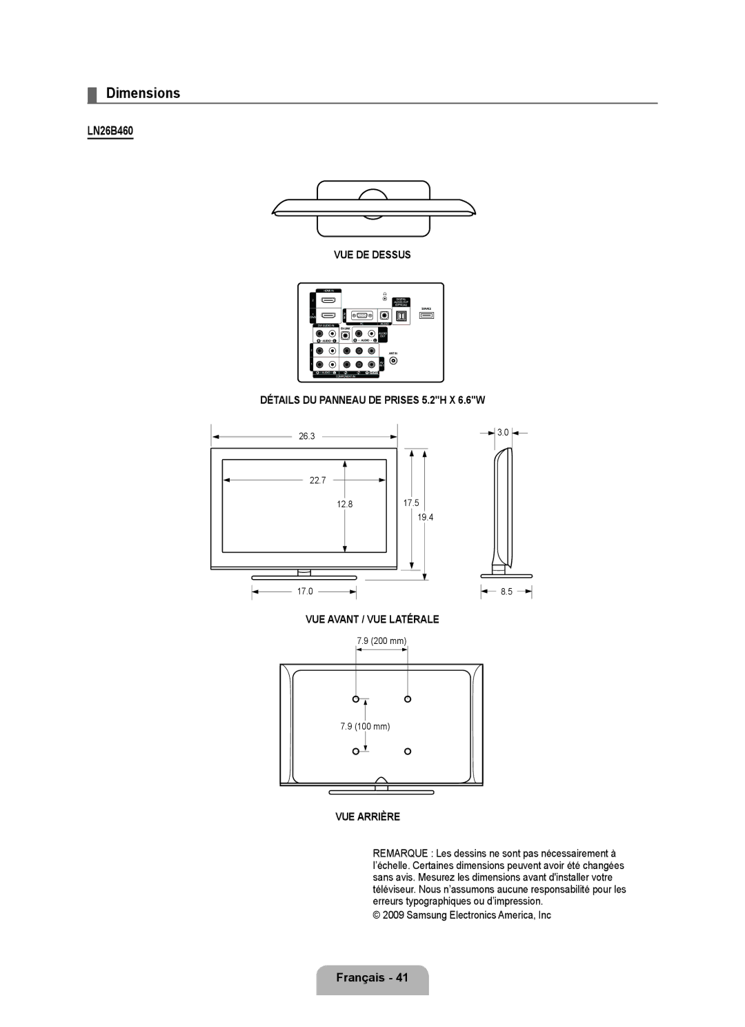 Samsung LN26B460, LN32B460, LN22B460 user manual VUE DE Dessus Détails DU Panneau DE Prises 5.2H X 6.6W 