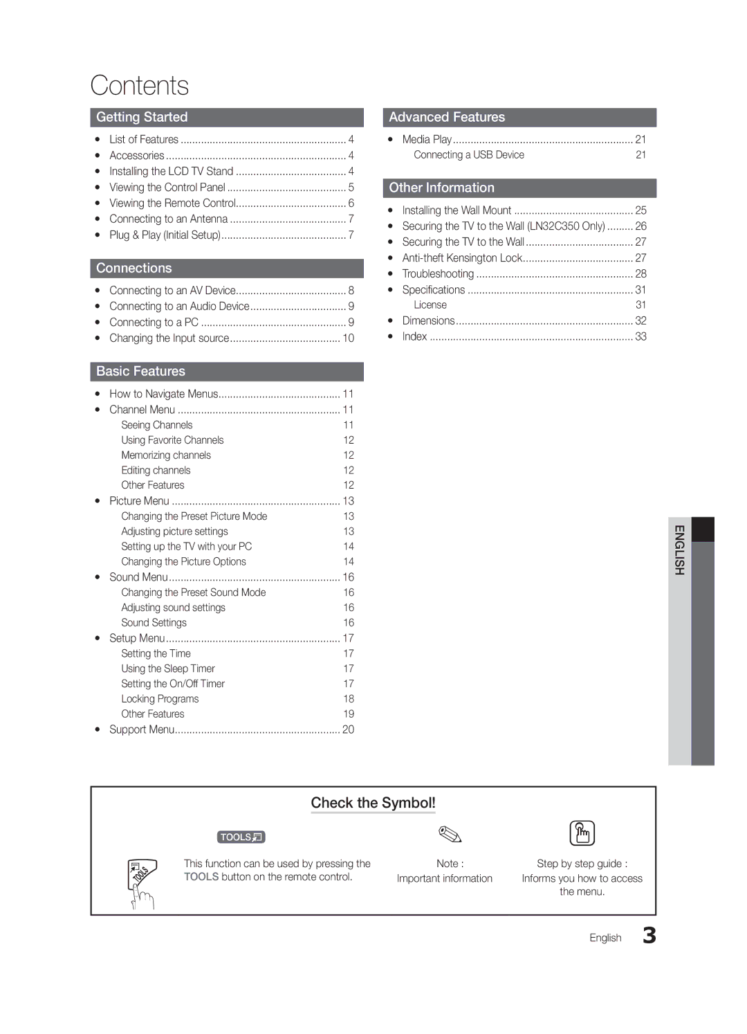 Samsung LN32C350 user manual Contents 