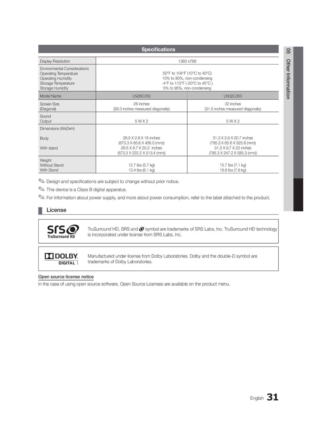 Samsung LN32C350 user manual Specifications, Sound Output Dimensions WxDxH Body 