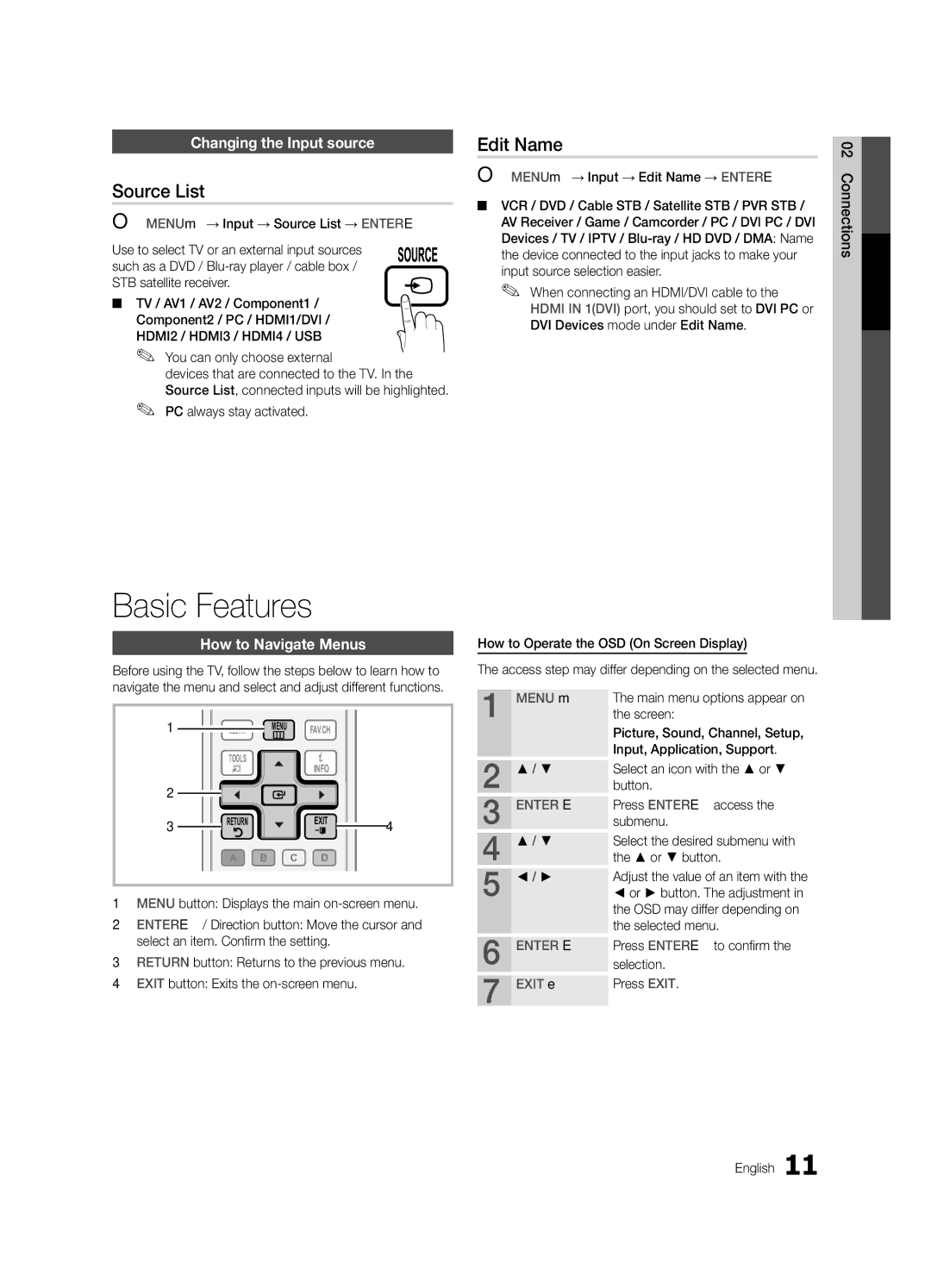 Samsung LN32C540 user manual Basic Features, Source List, Edit Name, Changing the Input source, How to Navigate Menus 