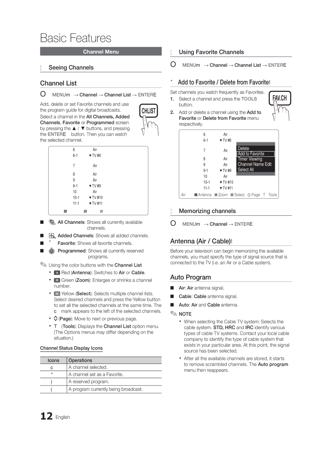 Samsung LN32C540 user manual Channel List, Add to Favorite / Delete from Favoritet, Antenna Air / Cablet, Auto Program 