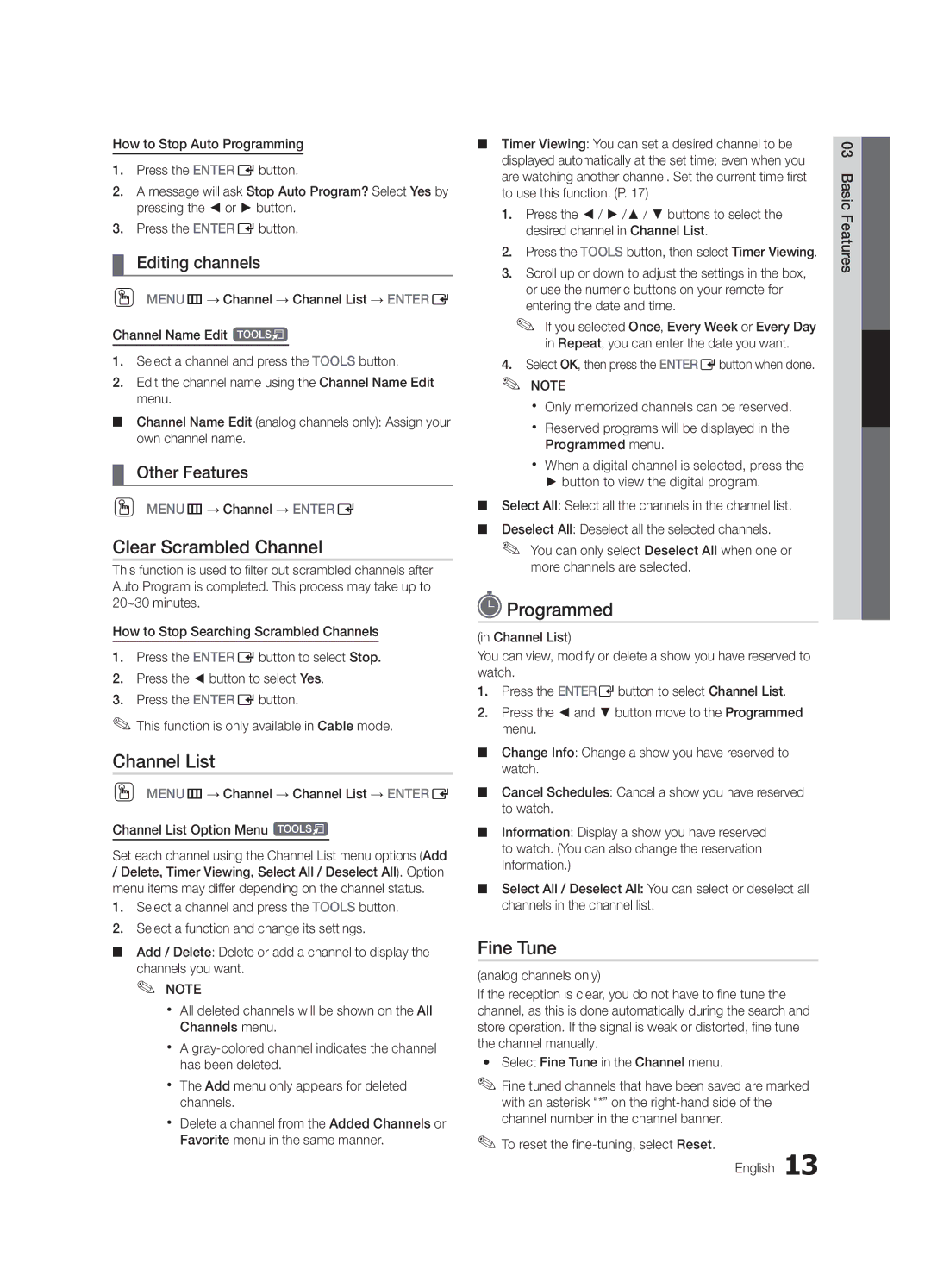 Samsung LN32C540 user manual Clear Scrambled Channel, Programmed, Fine Tune, Editing channels, Other Features 