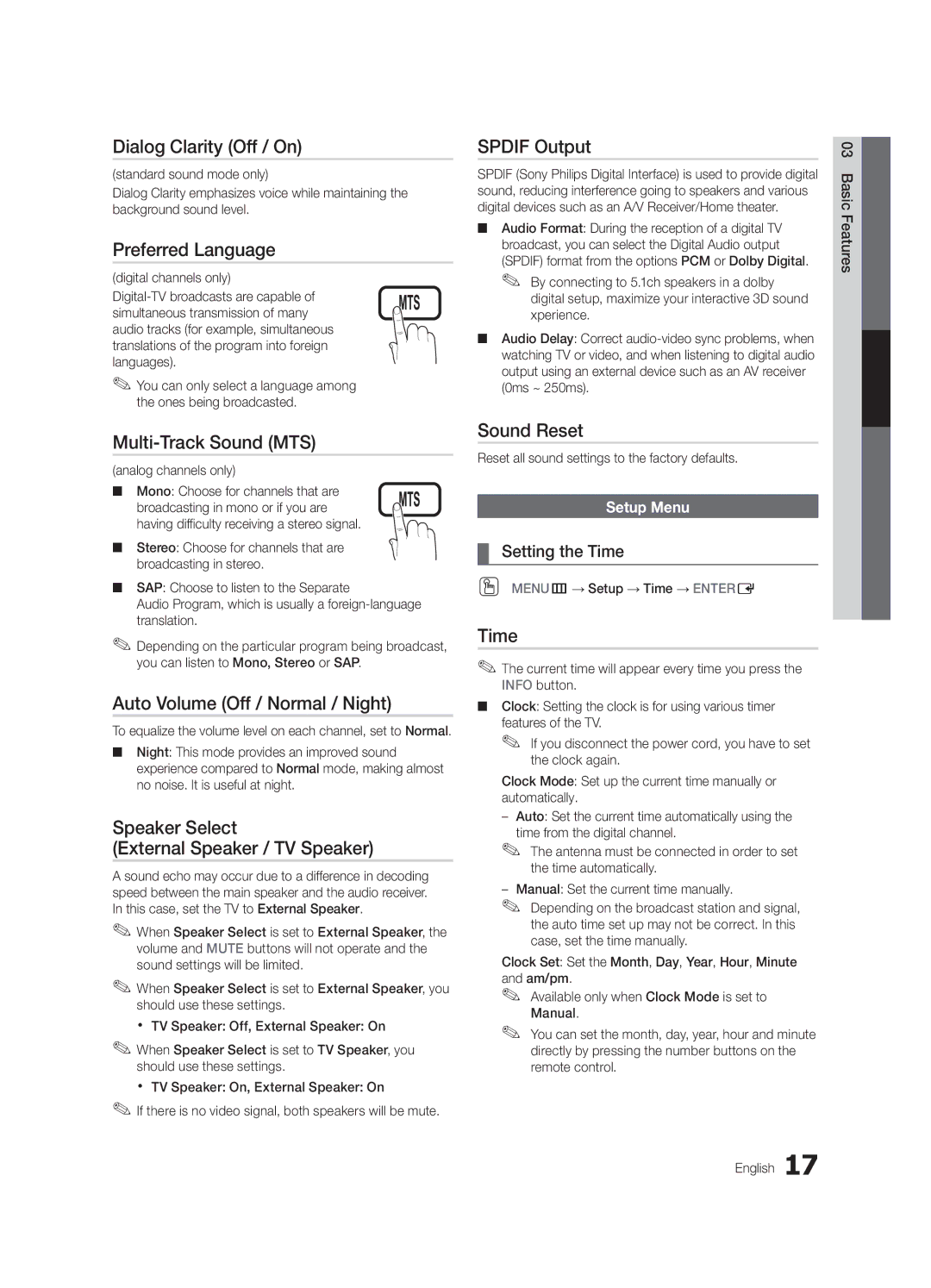 Samsung LN32C540 Dialog Clarity Off / On, Preferred Language, Multi-Track Sound MTS, Auto Volume Off / Normal / Night 