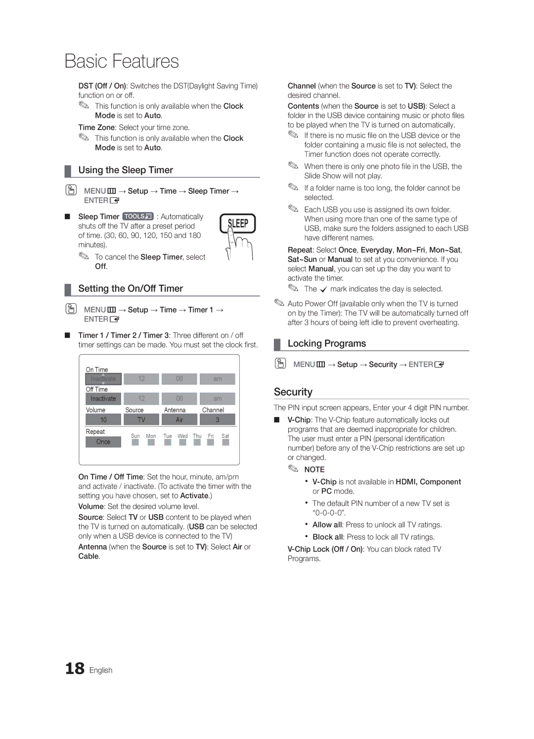 Samsung LN32C540 user manual Security, Using the Sleep Timer, Setting the On/Off Timer, Locking Programs 