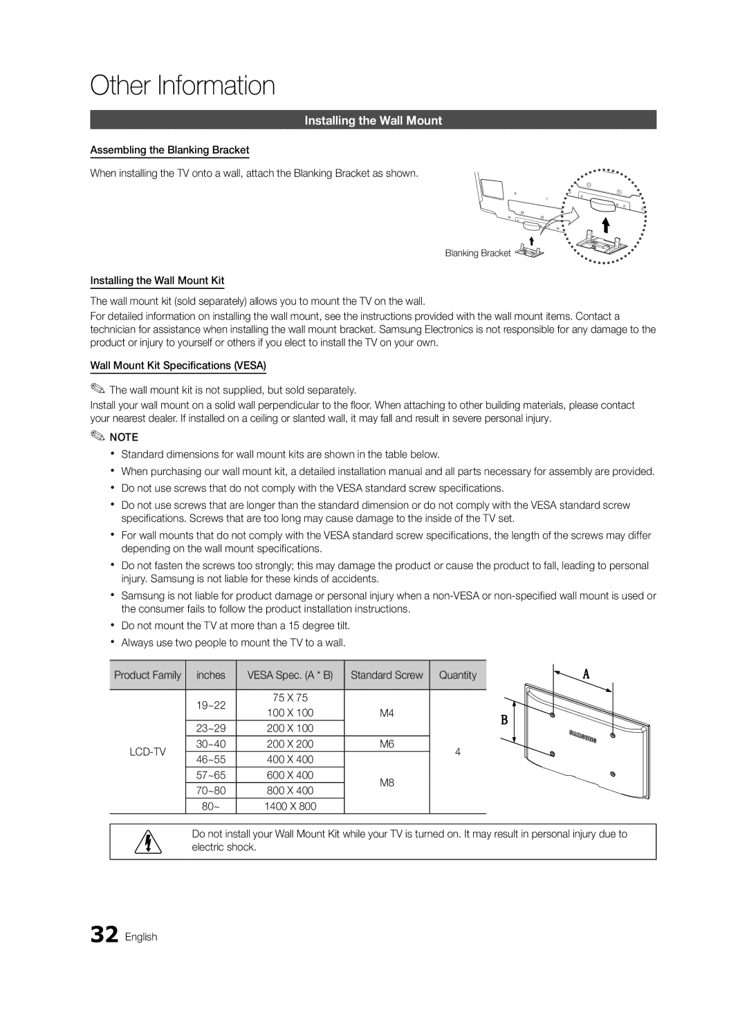 Samsung LN32C540 user manual Other Information, Installing the Wall Mount, Product Family Inches, Quantity 