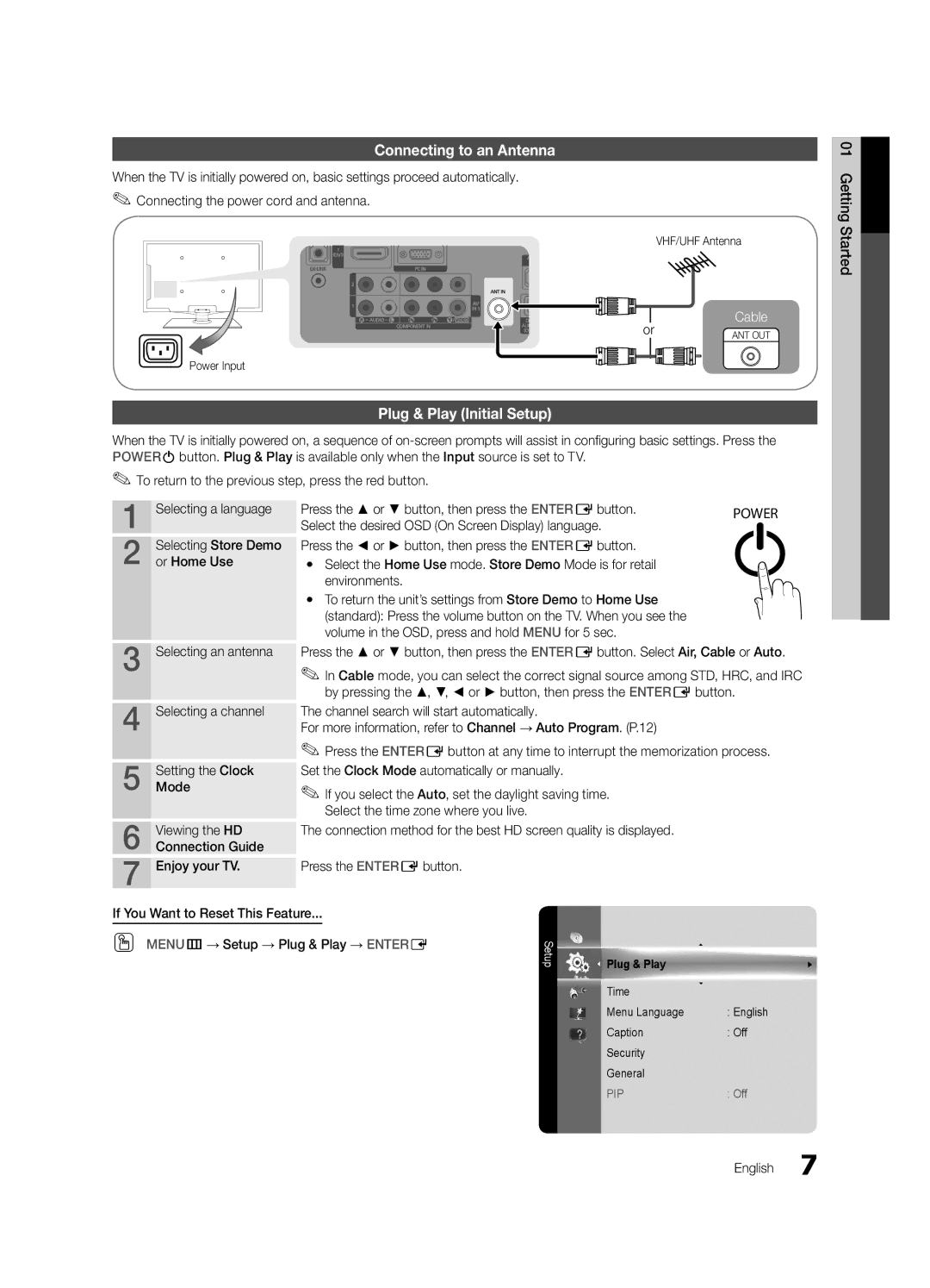 Samsung LN32C540 user manual Connecting to an Antenna, Plug & Play Initial Setup, Or Home Use 