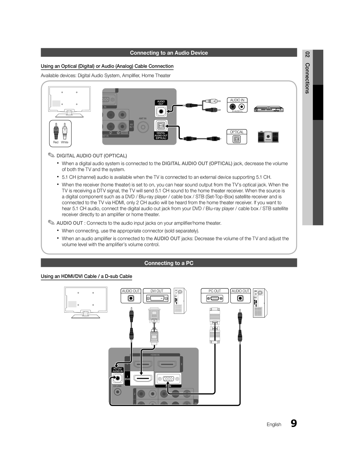 Samsung LN32C540 user manual Connecting to an Audio Device, Connecting to a PC, Using an HDMI/DVI Cable / a D-sub Cable 