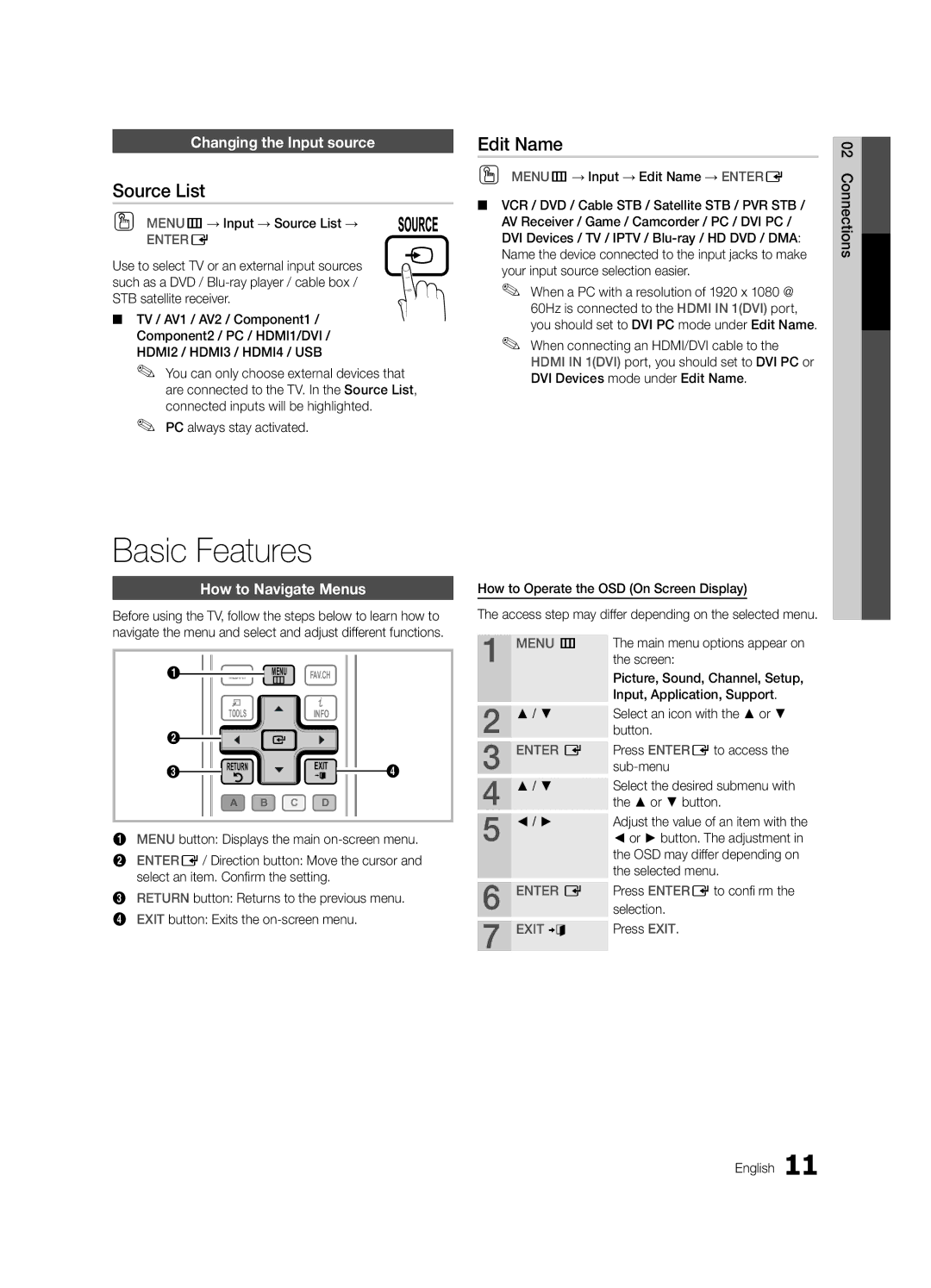 Samsung LN32C550 user manual Basic Features, Source List, Edit Name, Changing the Input source, How to Navigate Menus 