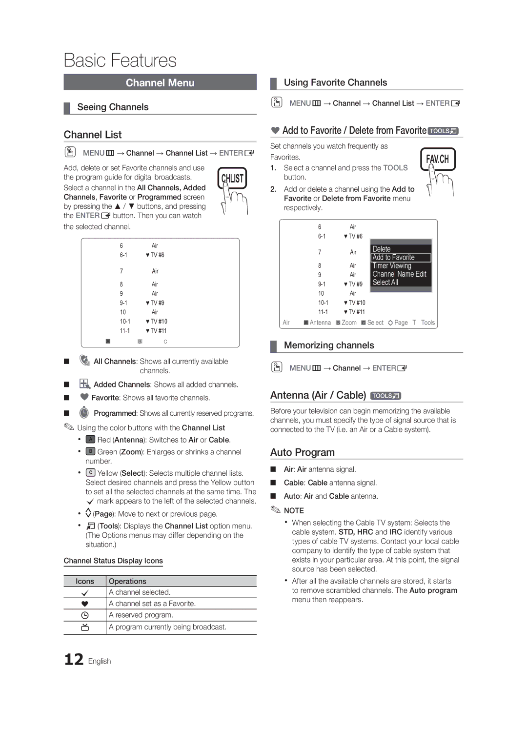 Samsung LN32C550 user manual Channel List, Add to Favorite / Delete from Favoritet, Antenna Air / Cable t, Auto Program 