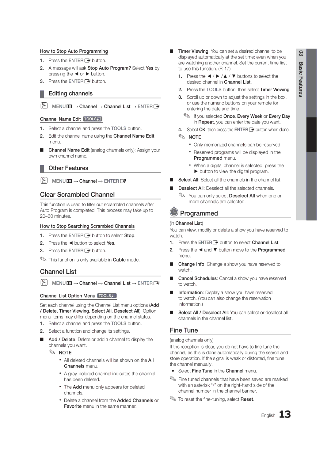 Samsung LN32C550 user manual Clear Scrambled Channel, Programmed, Fine Tune, Editing channels, Other Features 