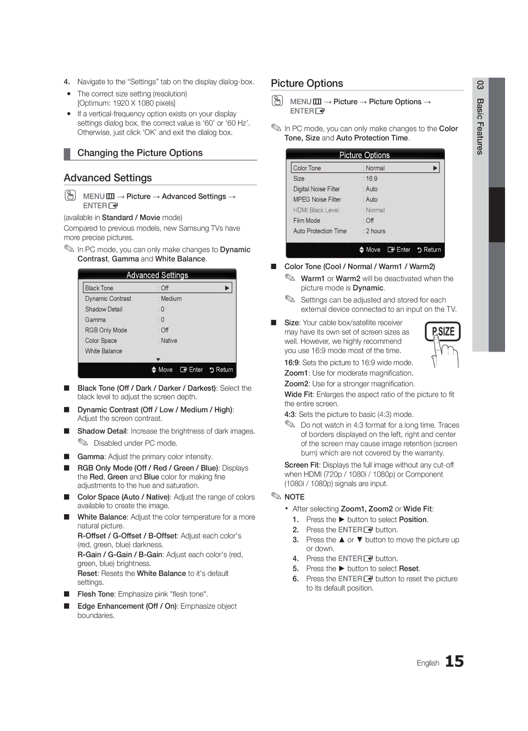 Samsung LN32C550 user manual Advanced Settings, Changing the Picture Options 