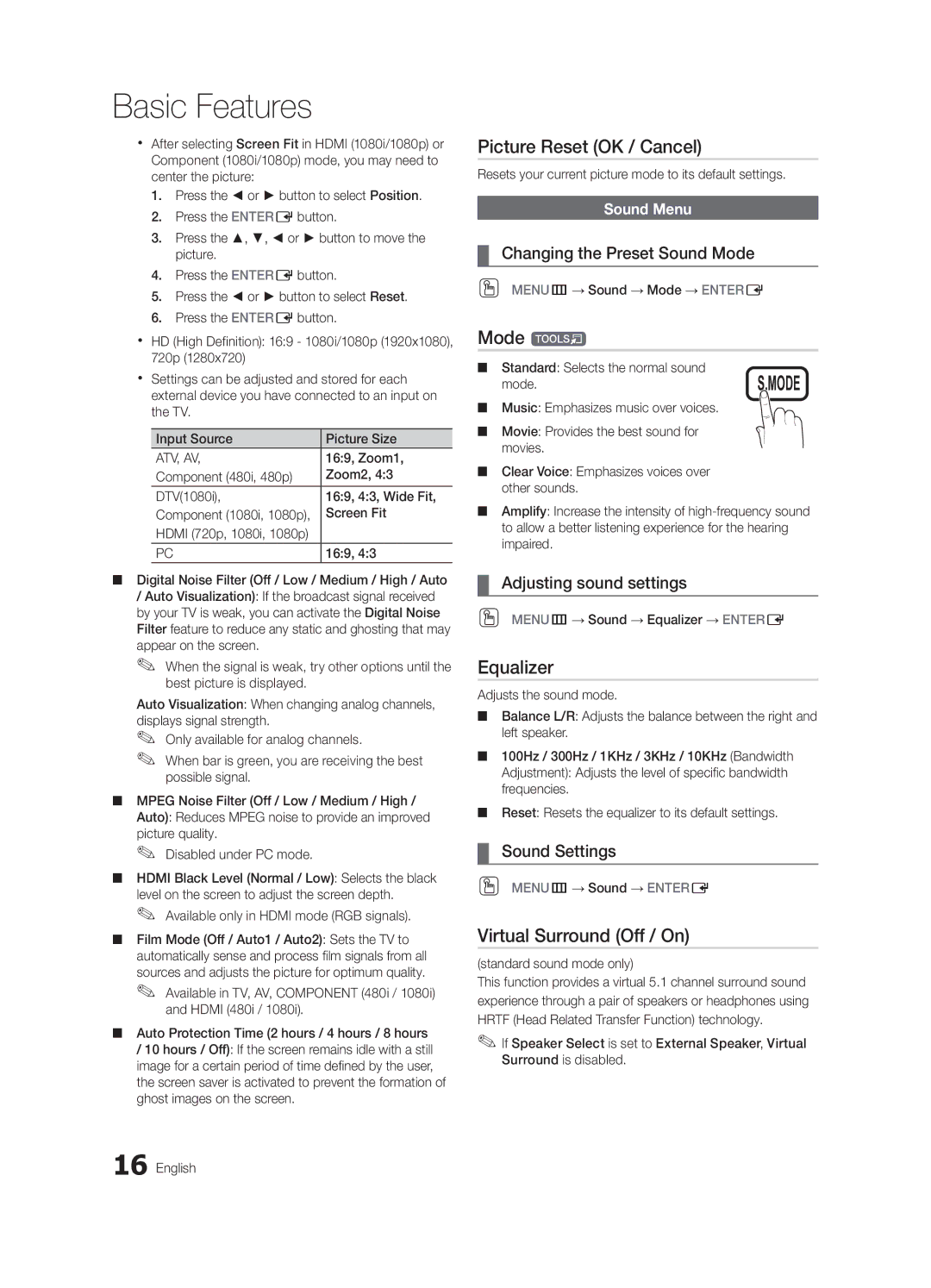 Samsung LN32C550 user manual Picture Reset OK / Cancel, Mode t, Equalizer, Virtual Surround Off / On 