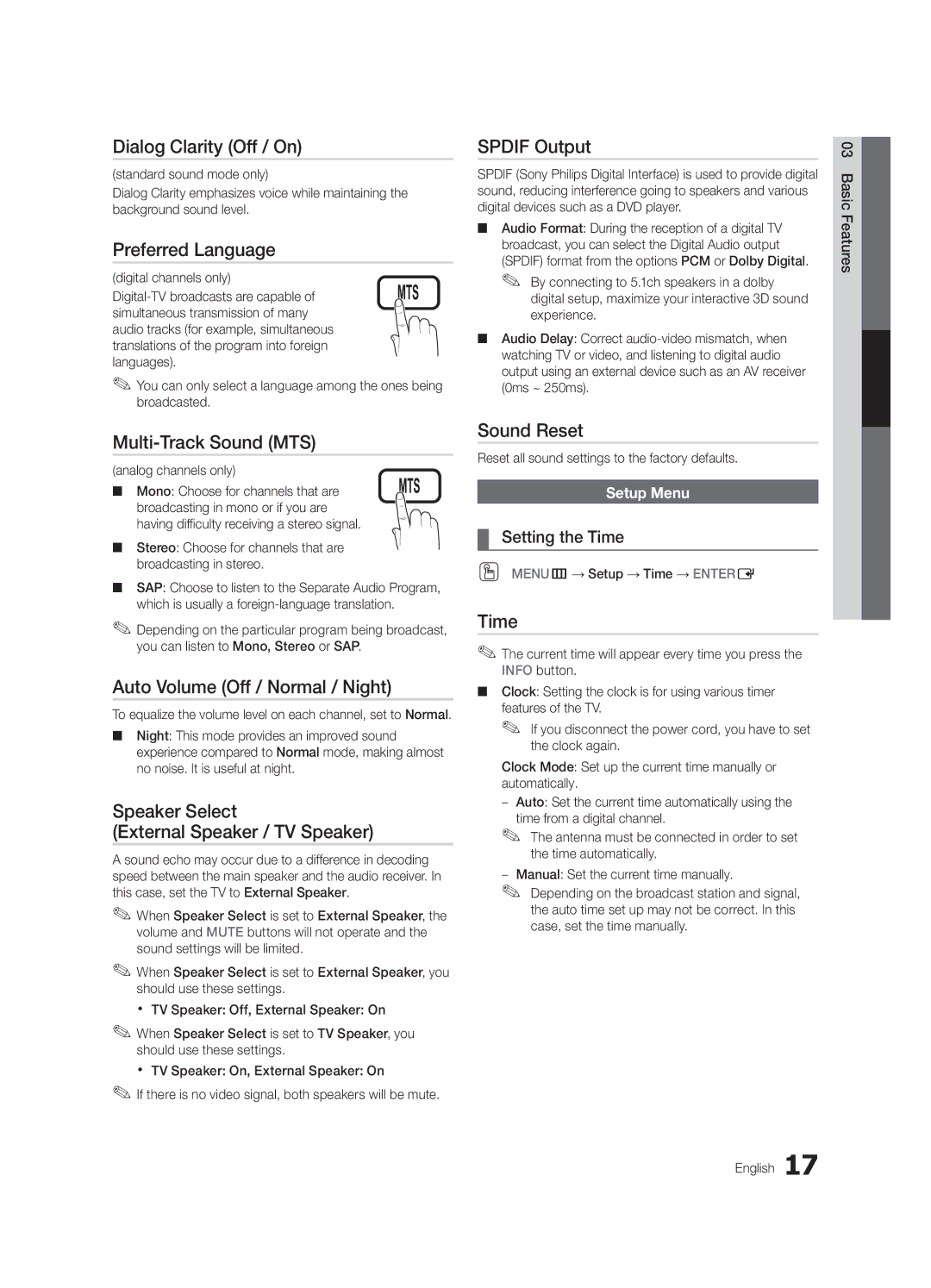 Samsung LN32C550 Dialog Clarity Off / On, Preferred Language, Multi-Track Sound MTS, Auto Volume Off / Normal / Night 