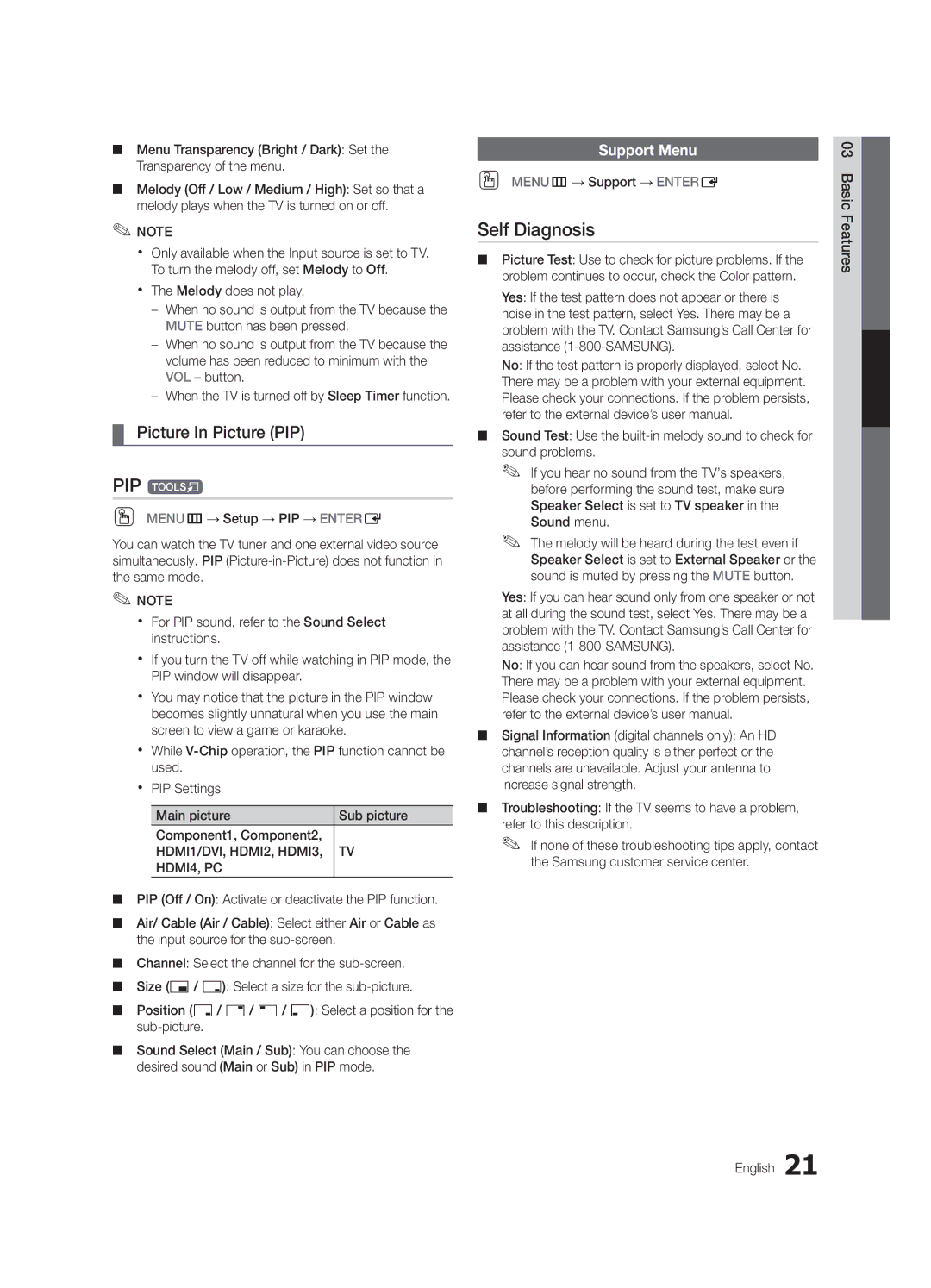 Samsung LN32C550 user manual PIP t, Self Diagnosis, Picture In Picture PIP, Support Menu, OO MENUm→ Support → Entere 