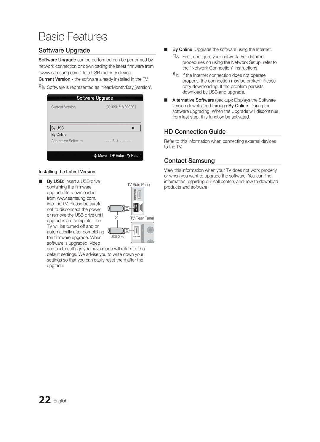 Samsung LN32C550 user manual Software Upgrade, HD Connection Guide, Contact Samsung 