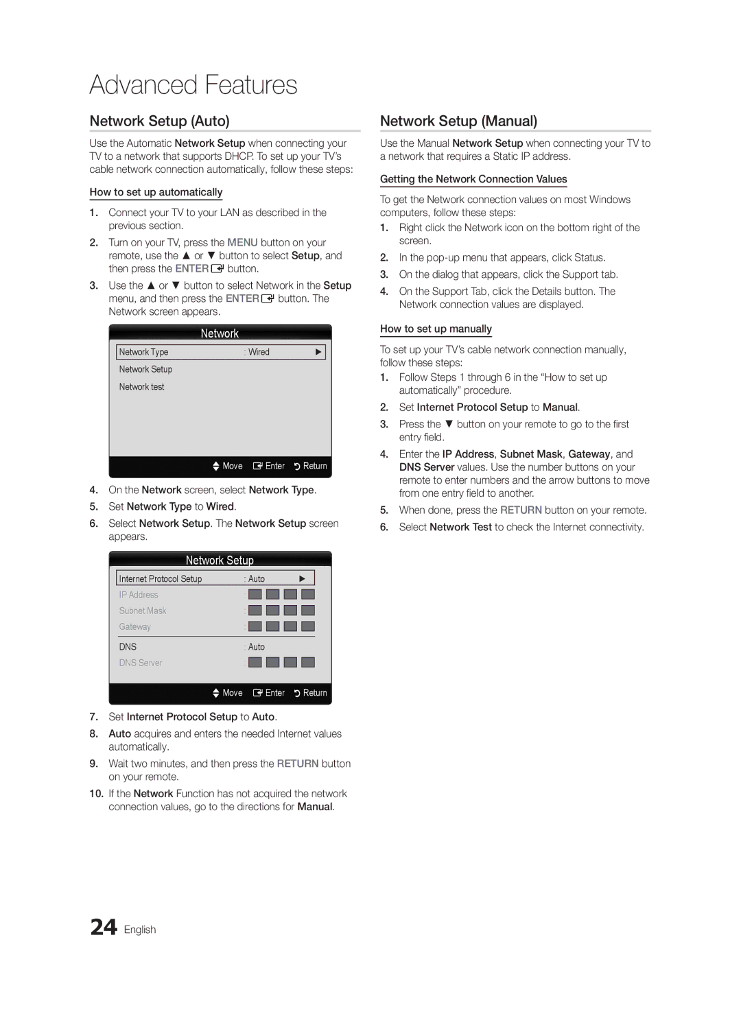 Samsung LN32C550 user manual Network Setup Auto, Network Setup Manual, Network Type Wired Network Setup Network test 