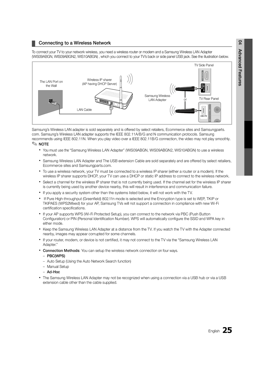 Samsung LN32C550 user manual Connecting to a Wireless Network, Advanced, Features, TV Side Panel, TV Rear Panel 