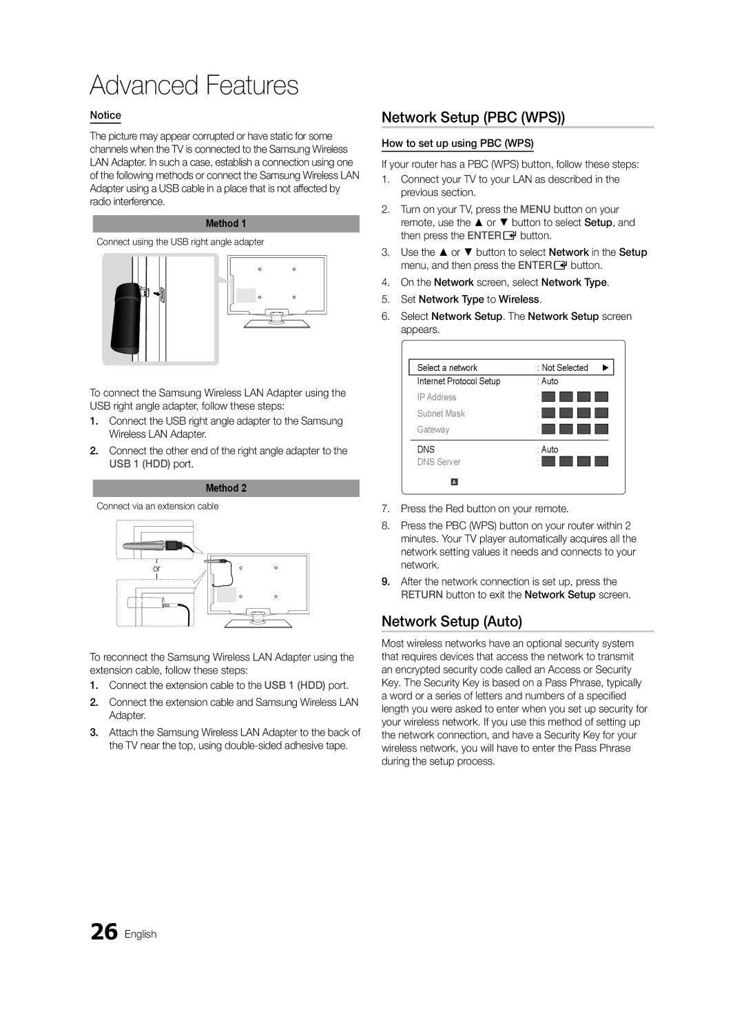 Samsung LN32C550 Network Setup PBC WPS, Connect using the USB right angle adapter, Connect via an extension cable 