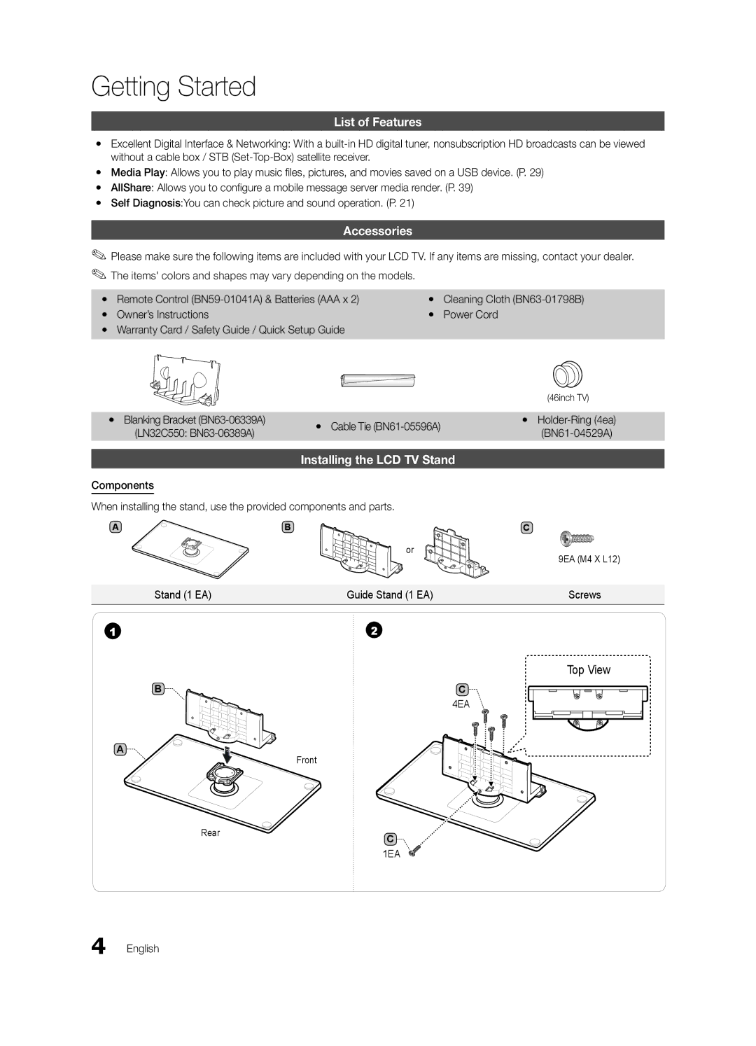 Samsung LN32C550 user manual Getting Started, List of Features, Accessories, Installing the LCD TV Stand 