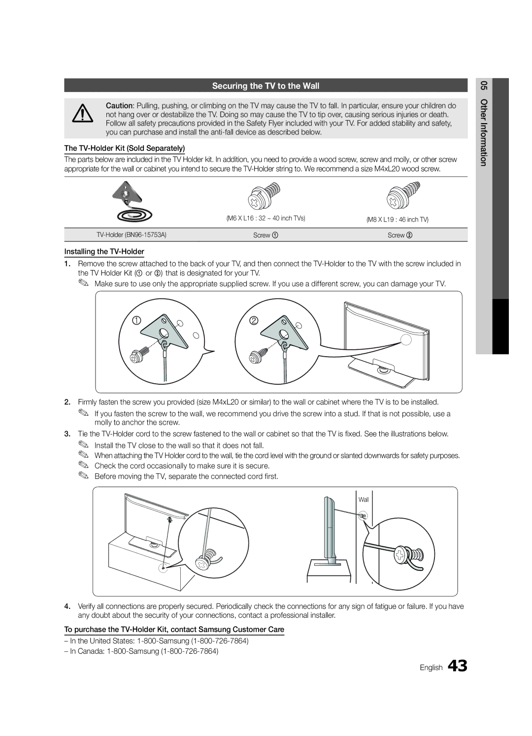 Samsung LN32C550 user manual Securing the TV to the Wall, TV-Holder Kit Sold Separately, TV-Holder BN96-15753A Screw 