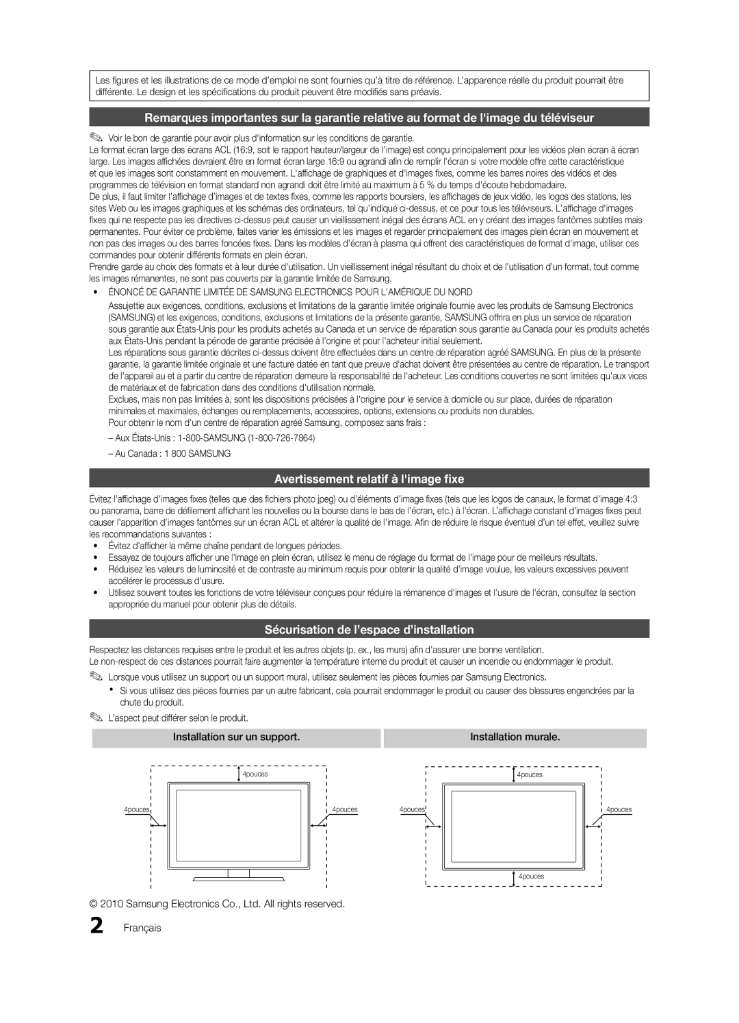 Samsung LN32C550 Avertissement relatif à limage fixe, Sécurisation de l’espace d’installation, Installation sur un support 