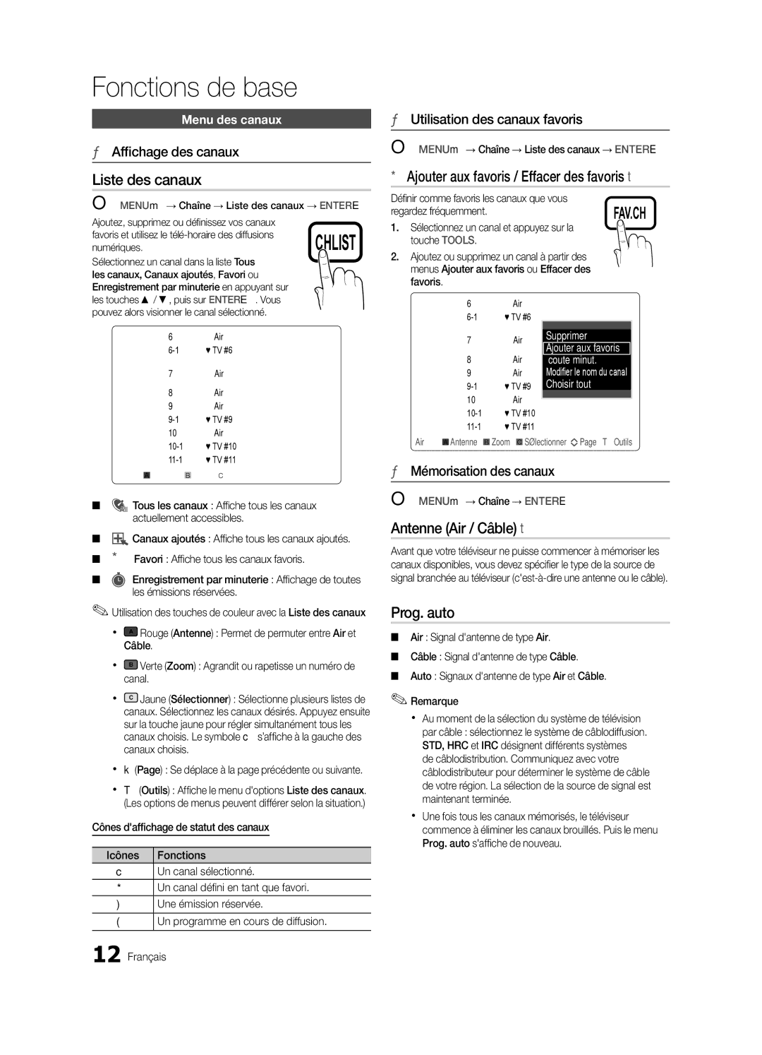 Samsung LN32C550 Liste des canaux, Ajouter aux favoris / Effacer des favoris t, Antenne Air / Câble t, Prog. auto 