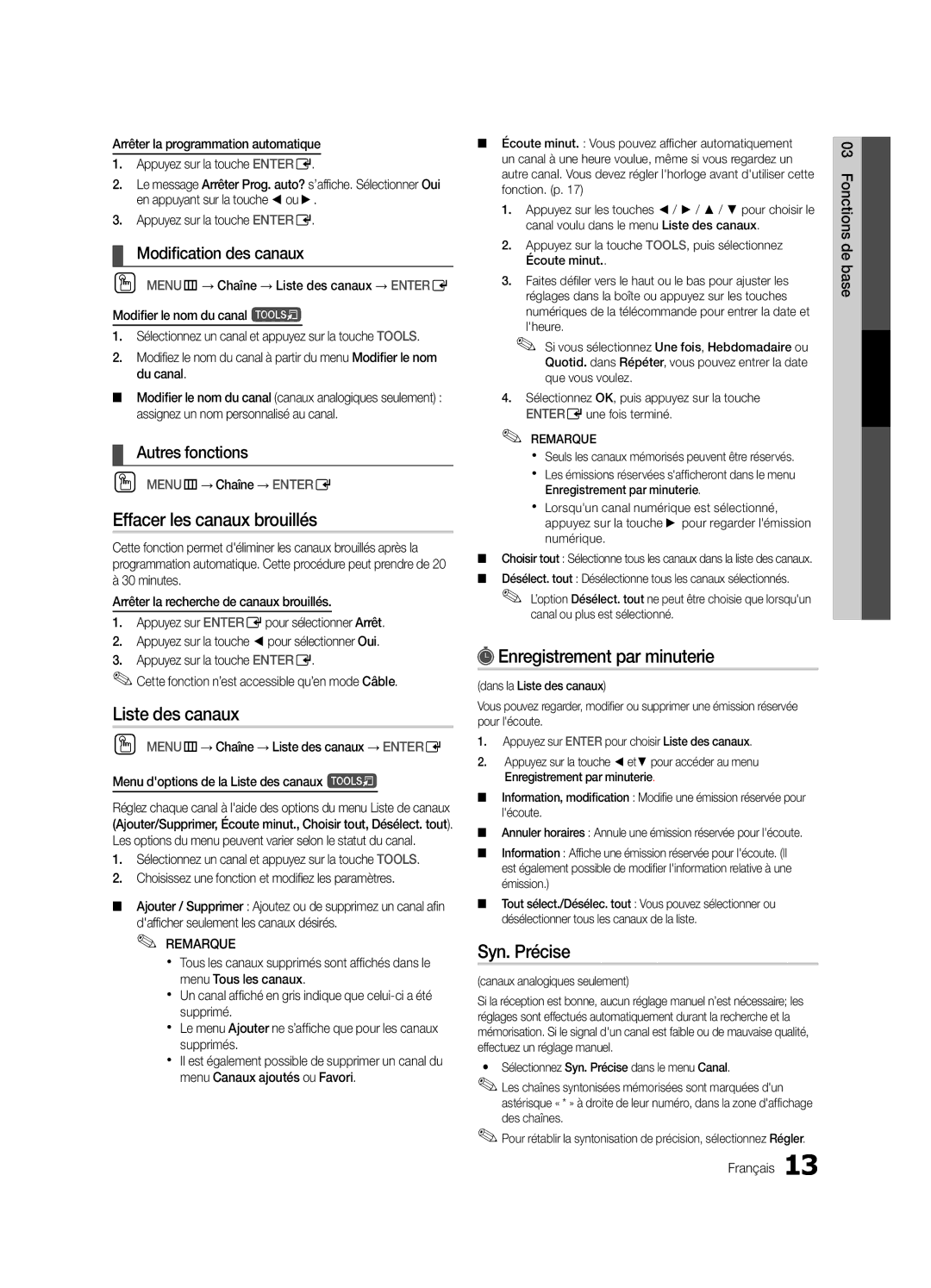 Samsung LN32C550 Effacer les canaux brouillés, Enregistrement par minuterie, Syn. Précise, Modification des canaux 