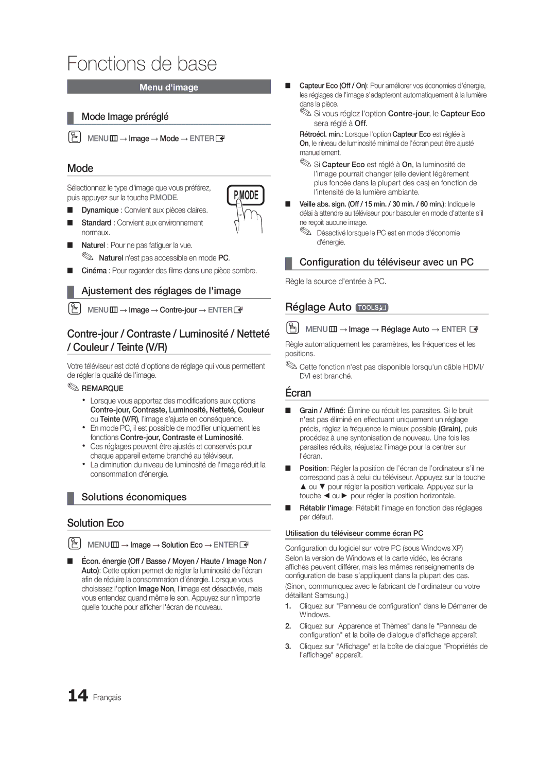 Samsung LN32C550 user manual Solution Eco, Réglage Auto t, Écran 