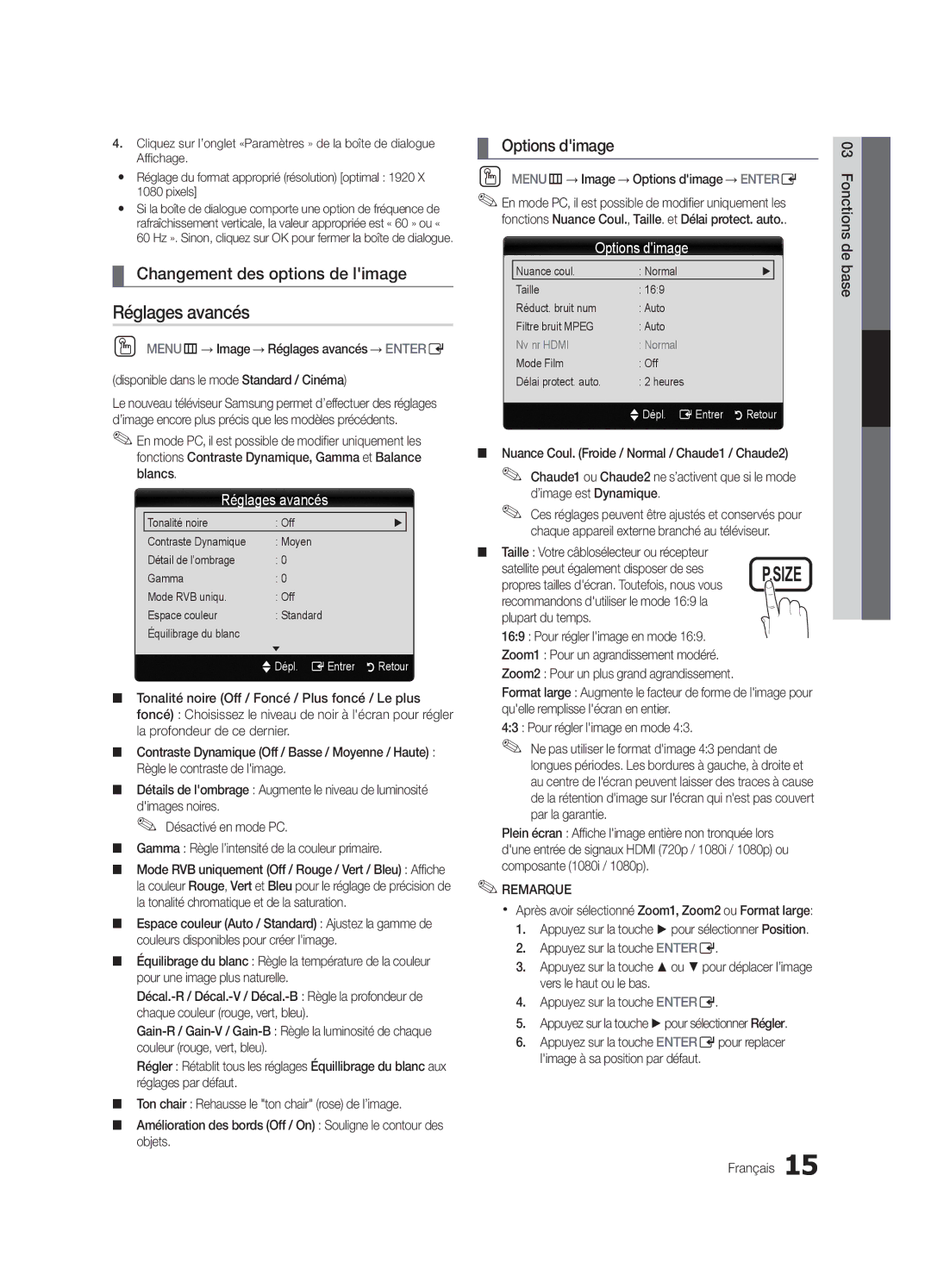 Samsung LN32C550 user manual Réglages avancés, Changement des options de limage, Options dimage 