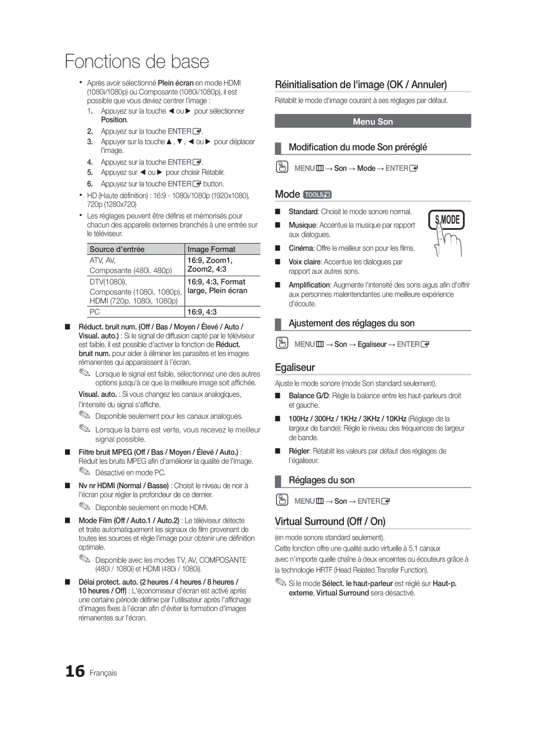 Samsung LN32C550 Réinitialisation de limage OK / Annuler, Egaliseur, Modification du mode Son préréglé, Réglages du son 