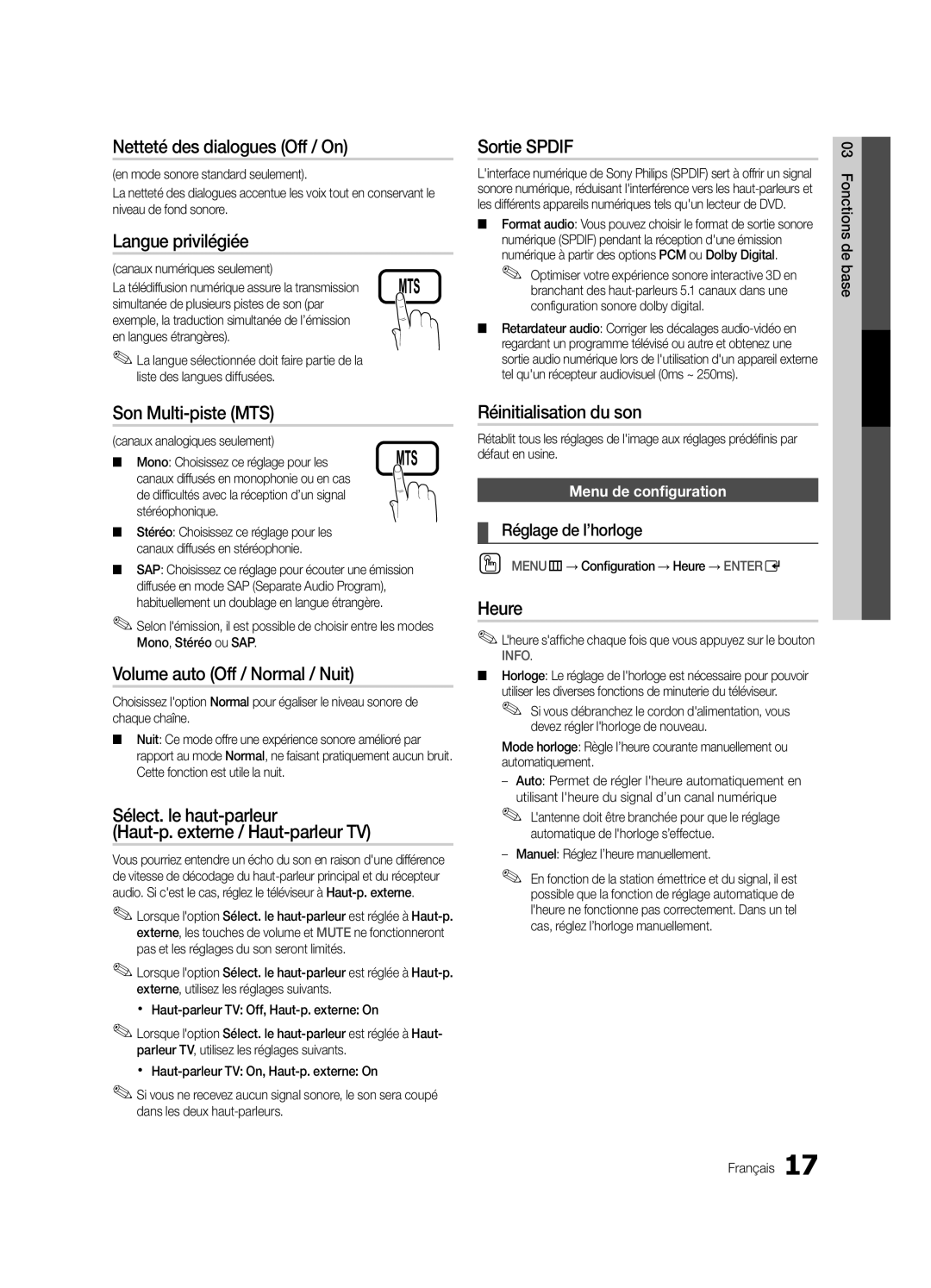 Samsung LN32C550 user manual Netteté des dialogues Off / On, Langue privilégiée, Sortie Spdif, Son Multi-piste MTS, Heure 