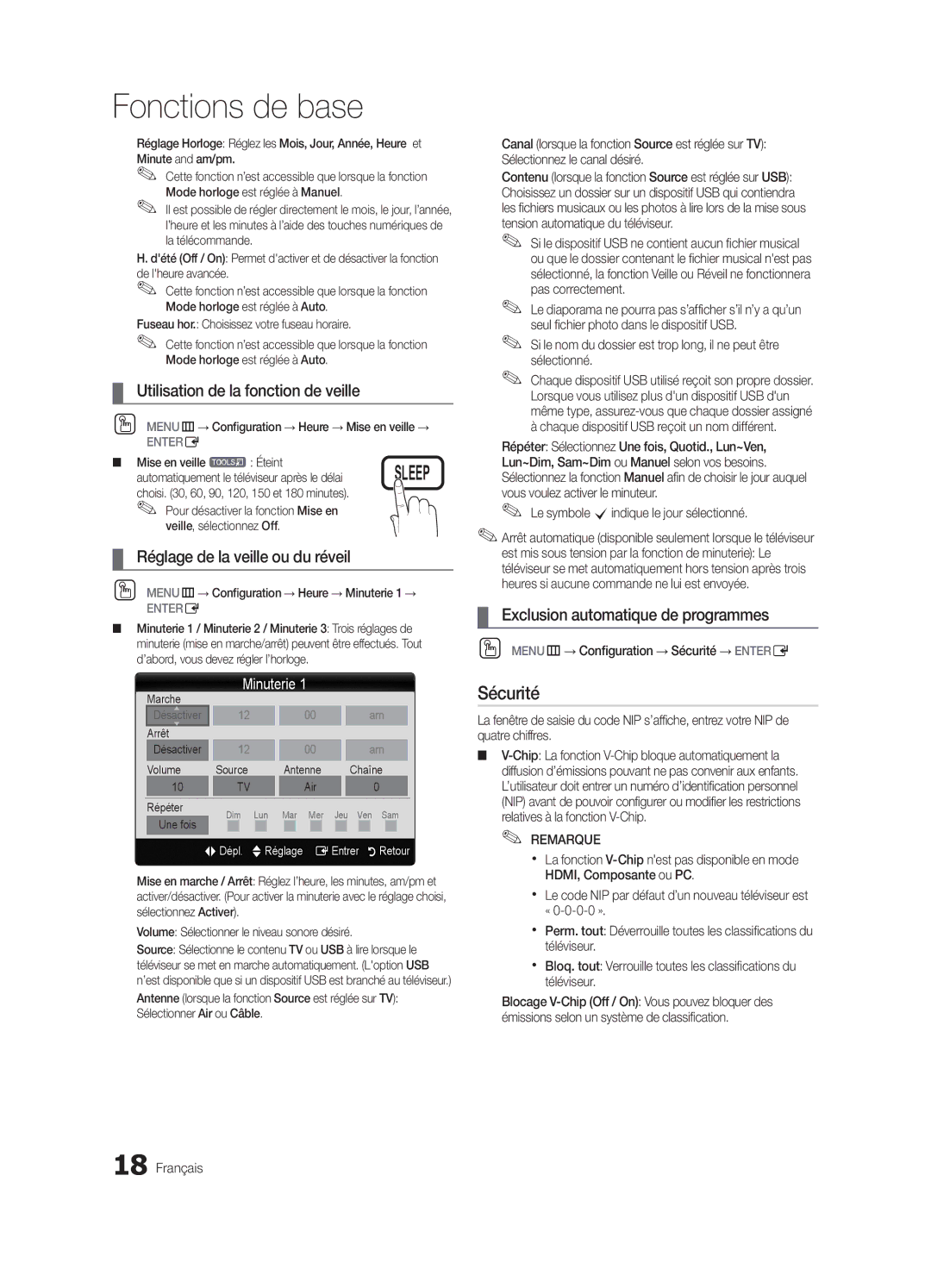 Samsung LN32C550 user manual Sécurité, Utilisation de la fonction de veille, Réglage de la veille ou du réveil, Minuterie 