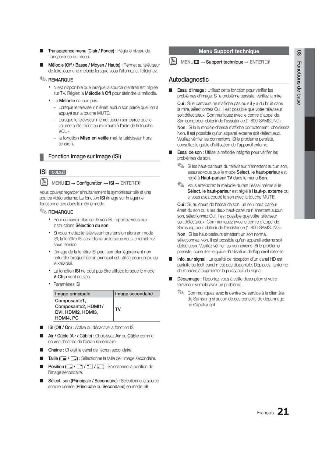 Samsung LN32C550 user manual ISI t, Autodiagnostic, Fonction image sur image ISI, Menu Support technique 