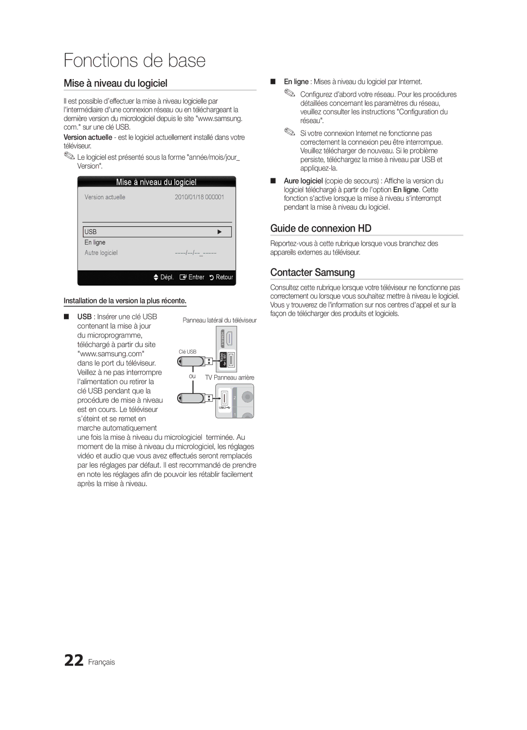 Samsung LN32C550 user manual Mise à niveau du logiciel, Guide de connexion HD, Contacter Samsung 