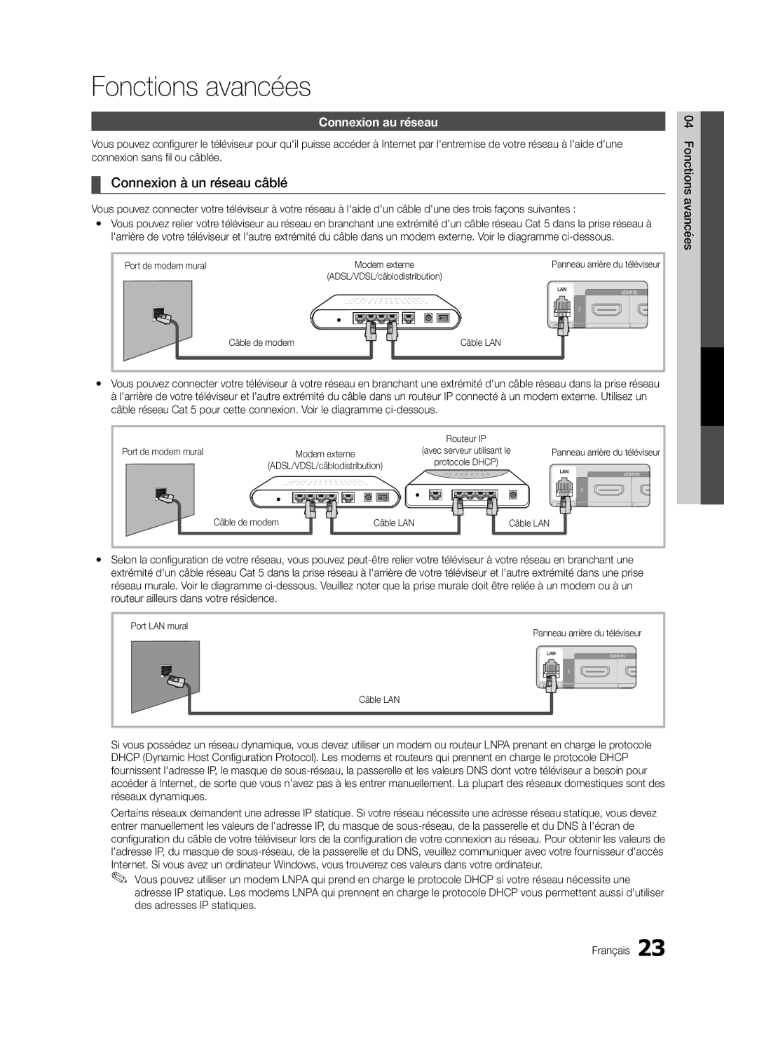 Samsung LN32C550 user manual Fonctions avancées, Connexion à un réseau câblé, Connexion au réseau, Câble de modem Câble LAN 