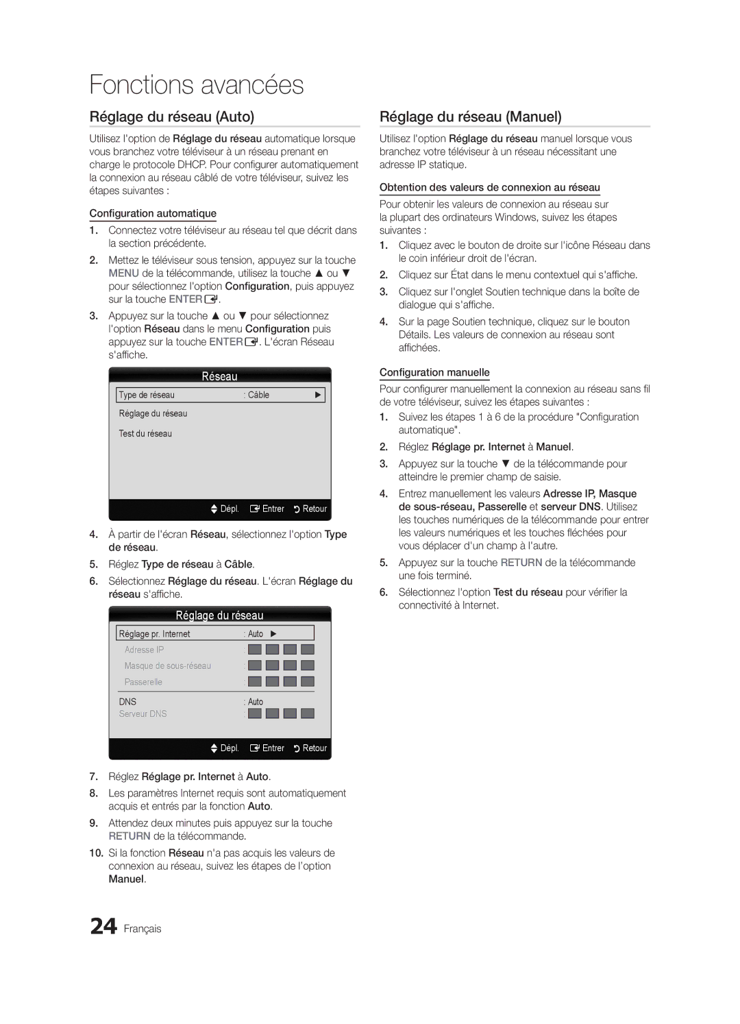 Samsung LN32C550 user manual Réglage du réseau Auto, Réglage du réseau Manuel, Réseau, Réglez Réglage pr. Internet à Auto 