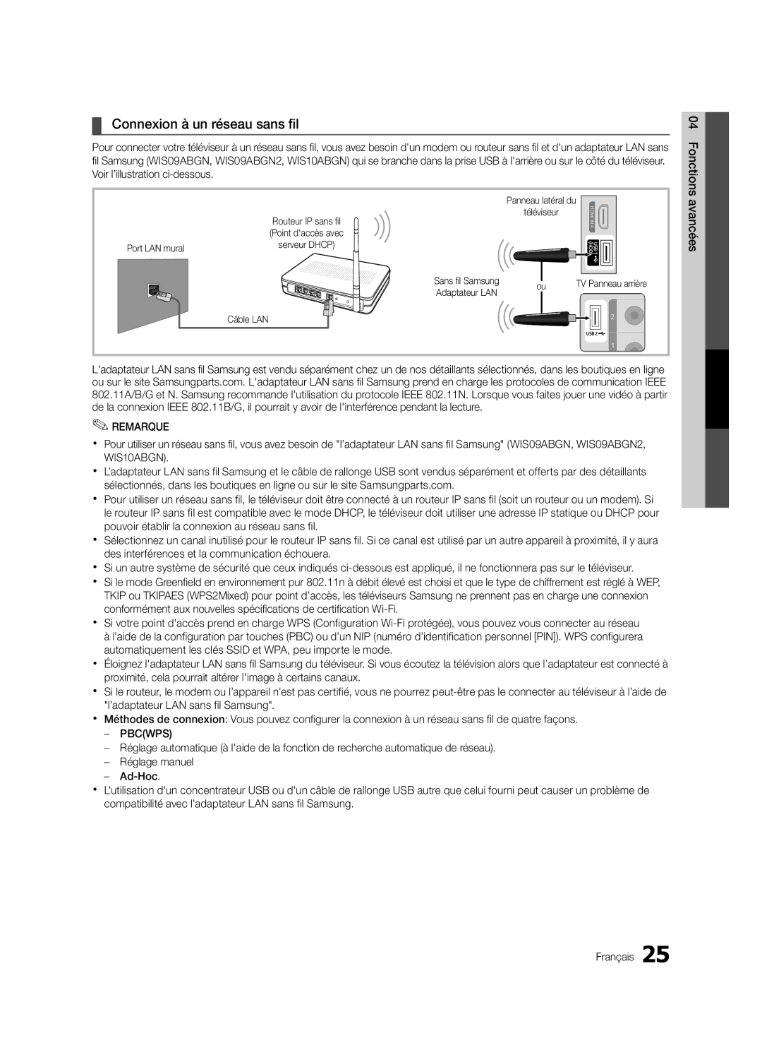 Samsung LN32C550 user manual Connexion à un réseau sans fil, Avancées, TV Panneau arrière 