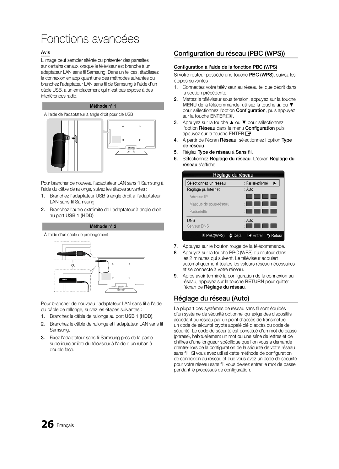 Samsung LN32C550 user manual Configuration du réseau PBC WPS, Avis, Appuyez sur le bouton rouge de la télécommande 