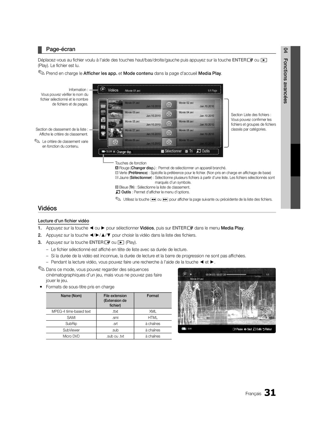 Samsung LN32C550 user manual Vidéos, Page-écran, Jouer le jeu, Yy Formats de sous-titre pris en charge 