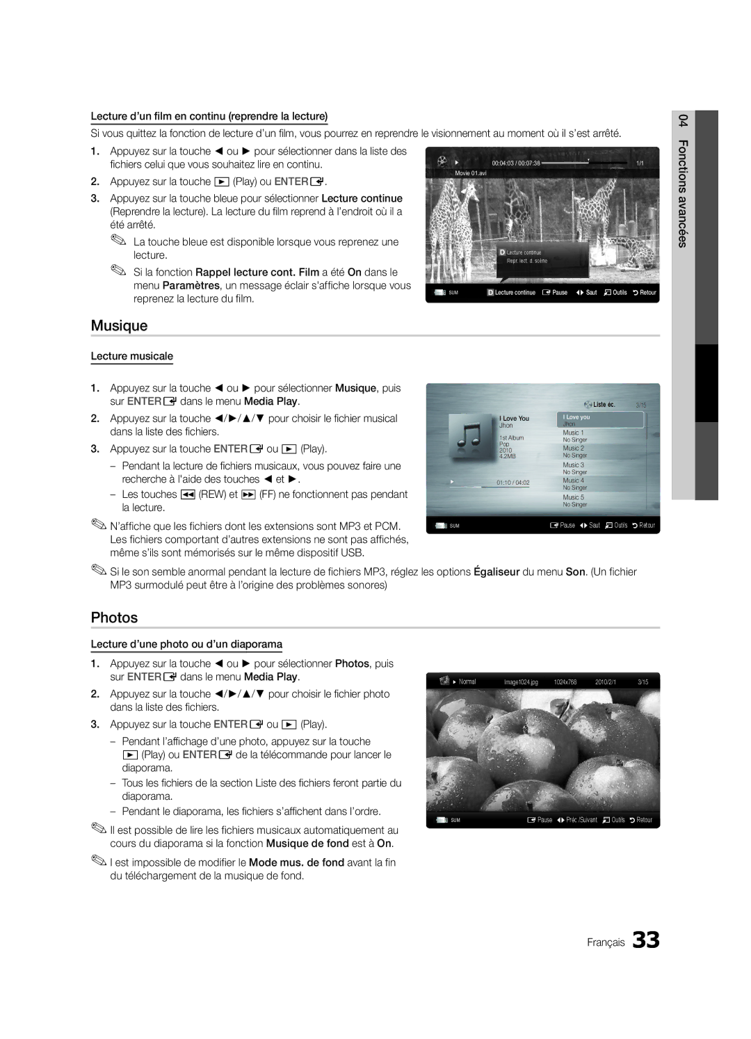 Samsung LN32C550 user manual Musique, Fonctions avancées 